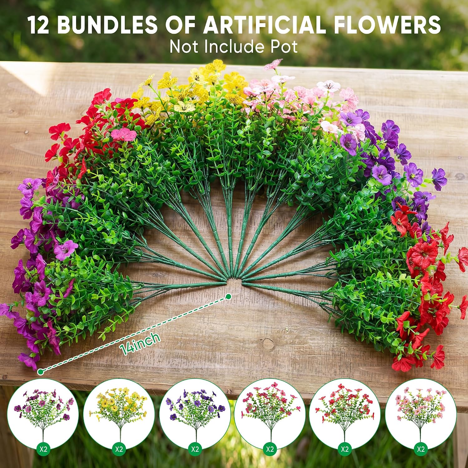 Artificial Flowers for Outdoors, Fake Faux Plants Outside Realistic Spring Summer Decor, UV Resistant Silk Flowers for Home Porch Garden (12, Mix 6color)