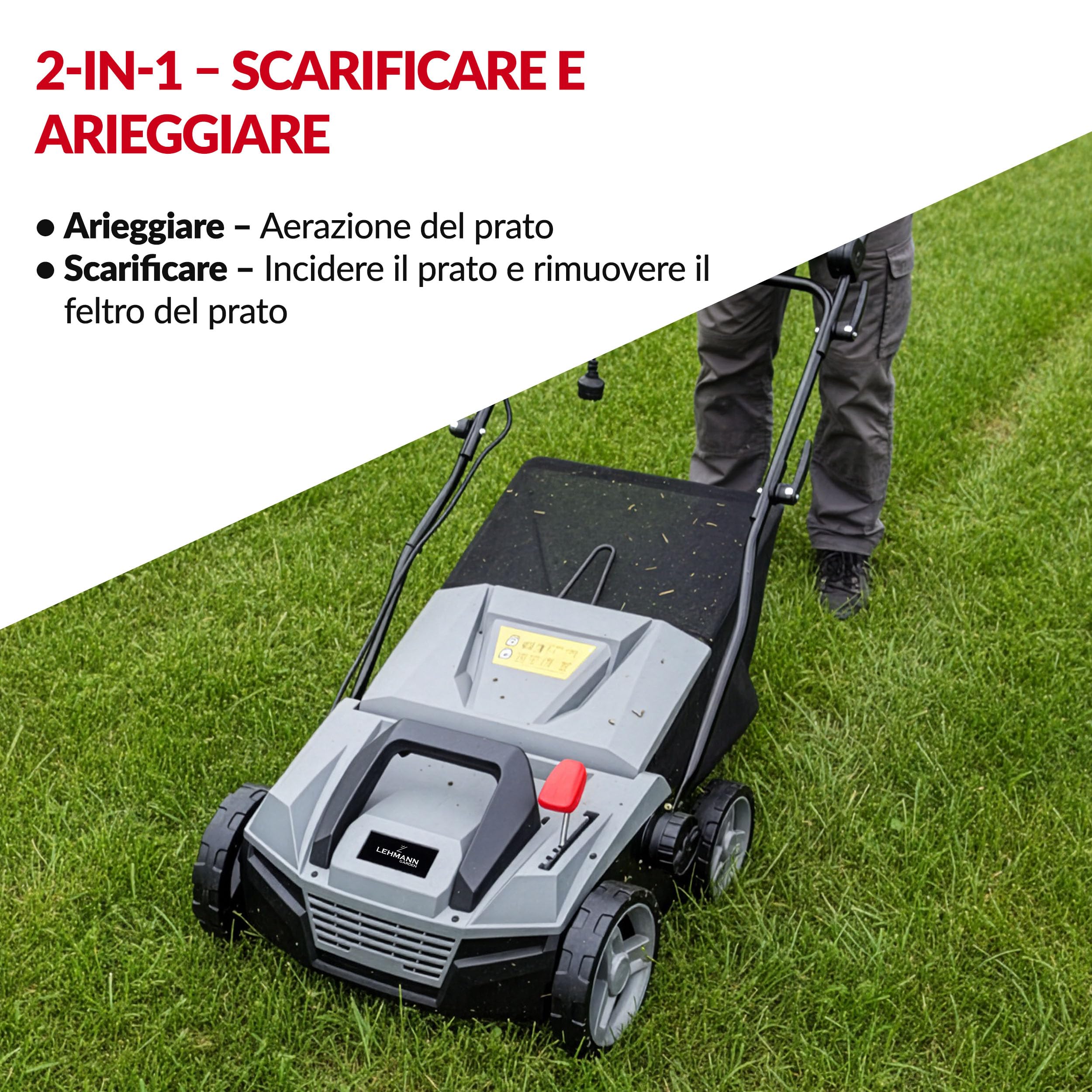 LEHMANN Teasel Scarificatore Arieggiatore Elettrico 2-in-1, 1800 W, Larghezza Lavoro 38 cm, 5 Livelli, 3500 giri/min, Cesto 48 L, Grigio