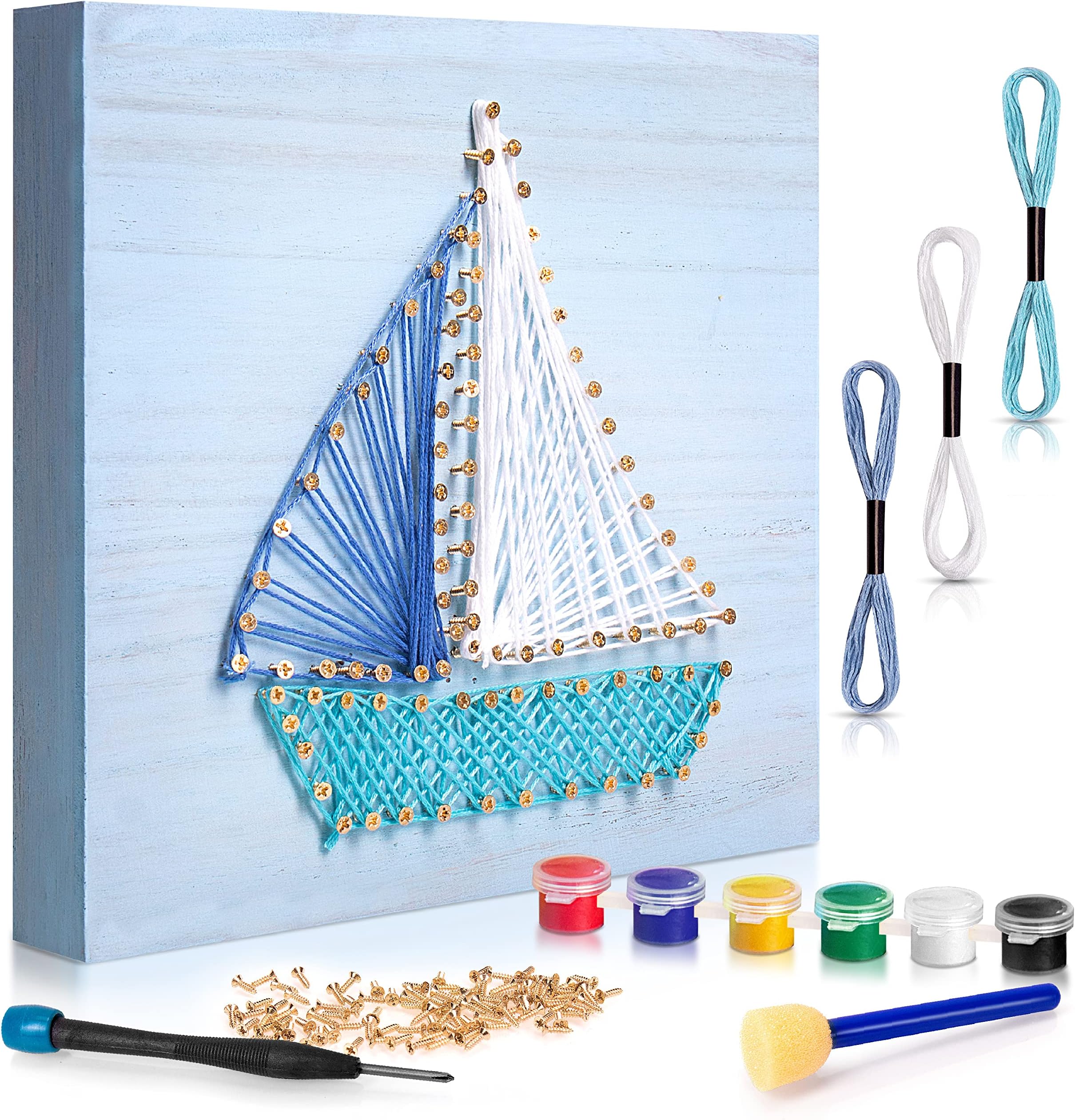 Superkit Boat String Art Kit: Complete 3D Wood DIY Art Craft Set, Marked Holes, 3 Colored Skeins, Screws, Screwdriver, Paints, Foam Brush, Ages 7+
