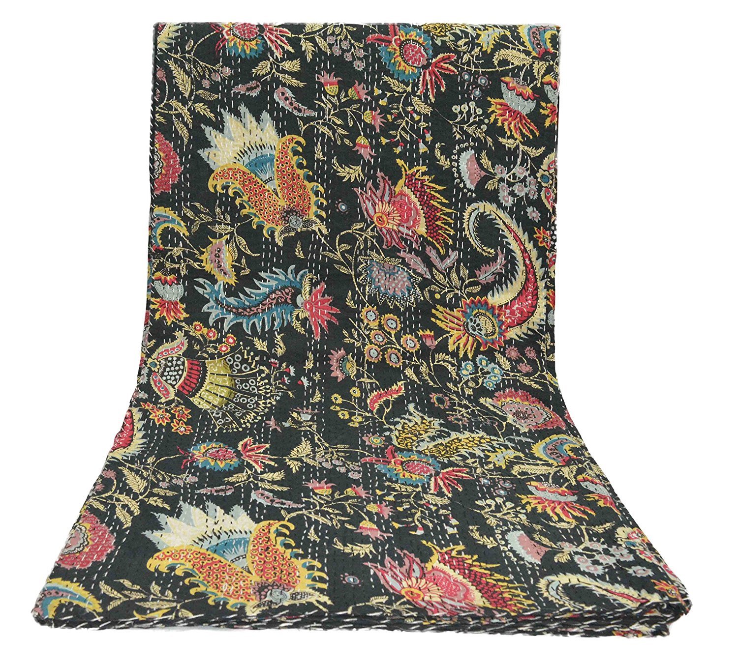 Sophia-Art Twin Mukut Print Single Bohemian Kantha Blanket (60X90in, Black)