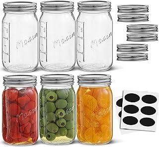 16 Oz Mason Jars With Lids, Labels and Measures! 6-Pack Regular Mouth Ma...