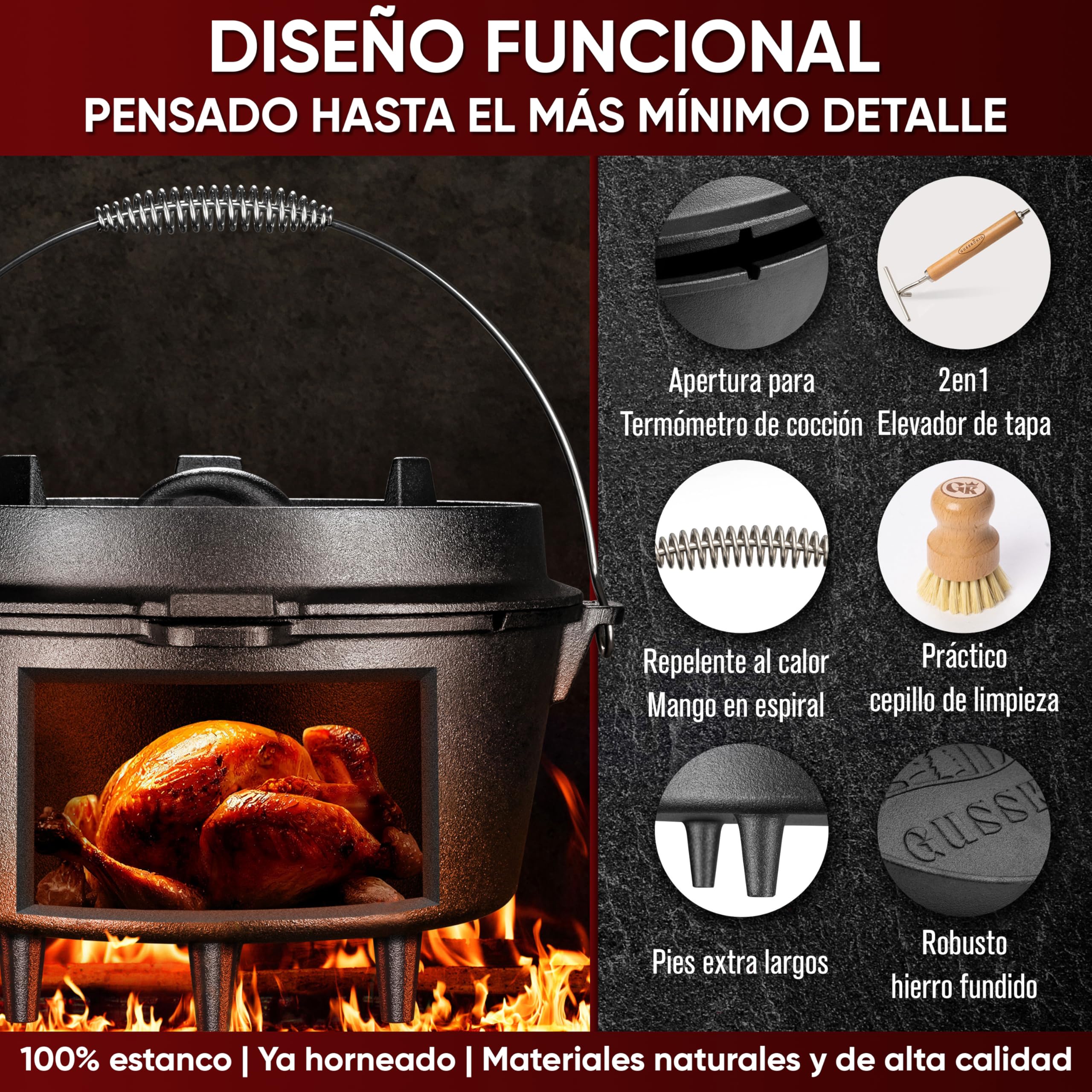 GUSSKÖNIG Olla de Hierro Fundido 9L – Cocotte con Pies para Cocción Lenta – Doble Función: Asado y Guisos – Incluye Levantador de Tapa 2 en 1, Cepillo y Recetario (4-7 Personas)