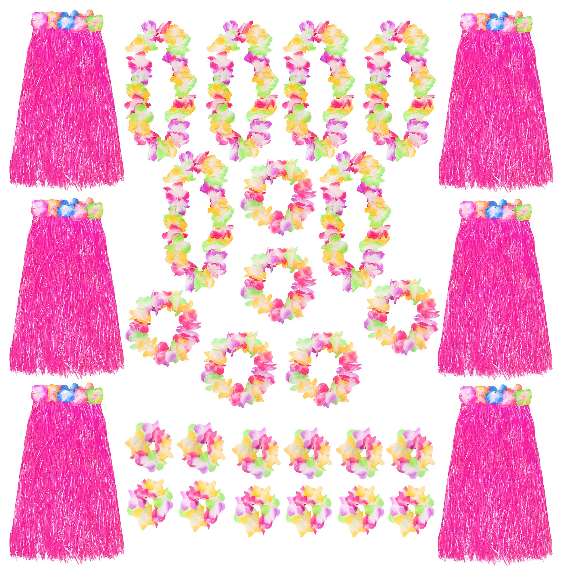 Pink Hawaiian Hula Skirt and Multicoloured Lei Set X6 - Flower Necklace, Headband and Bracelet - 80cm Grass Hula - Luau - Fancy Dress Costume Accessory