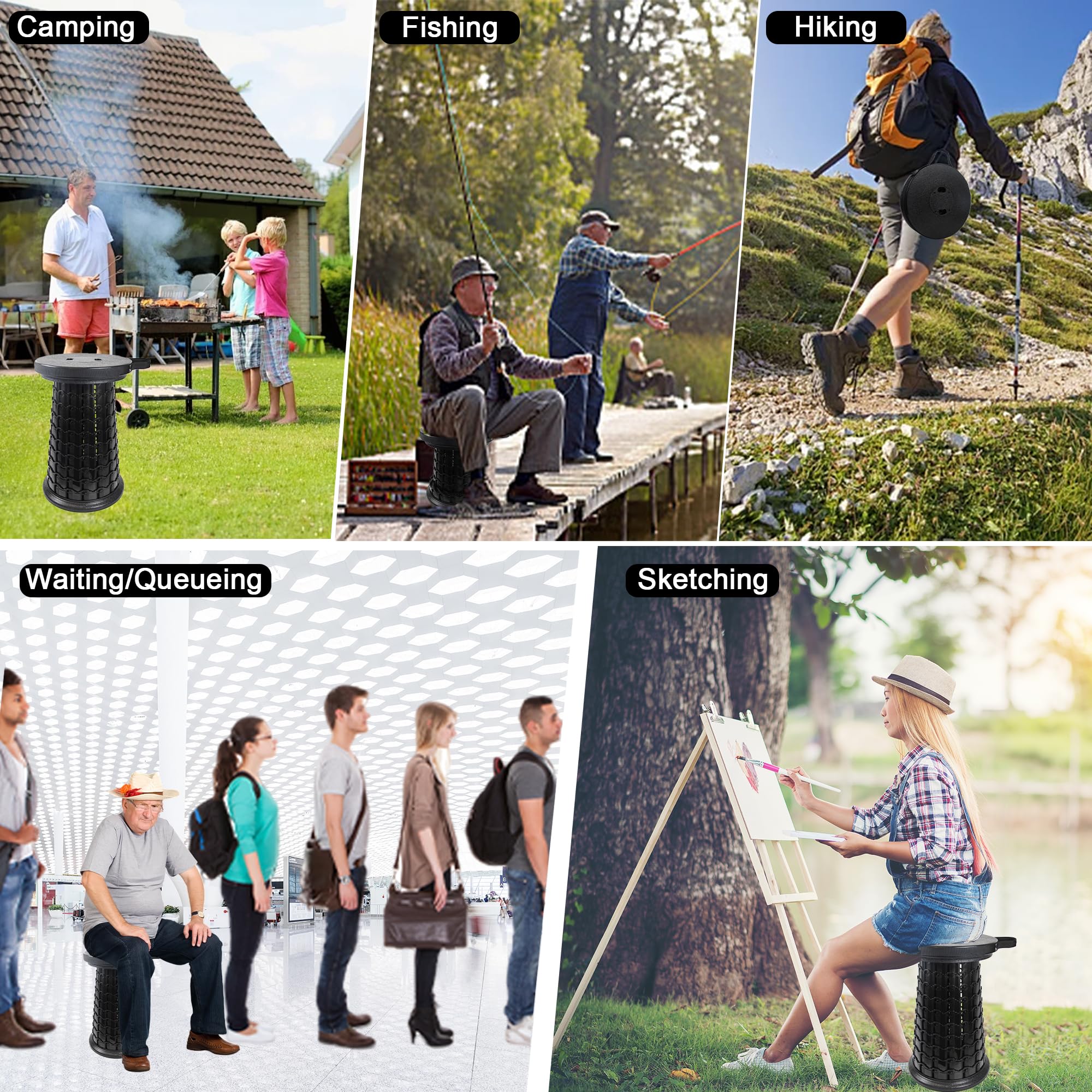 ALEVMOOM Tragbarer Teleskophocker mit dickem Kissen, Teleskop-Klapphocker，maximale Tragfähigkeit 450 kg ，einziehbarer Klapphocker für Outdoor Camping, Angeln, Wandern, Reisen