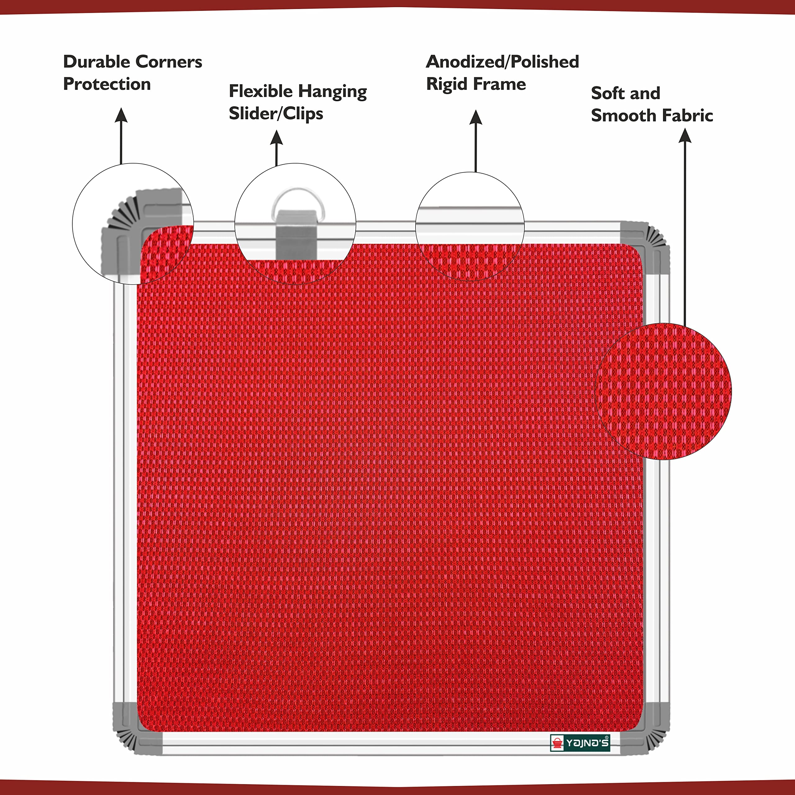 YAJNAS® 2 X 2 feet Premium Material Notice Pin-up Board/Pin-up Board/Soft Board/Bulletin Board/Pin-up Display Board for Office, Home and School uses, (Red, Pack of 1) 2