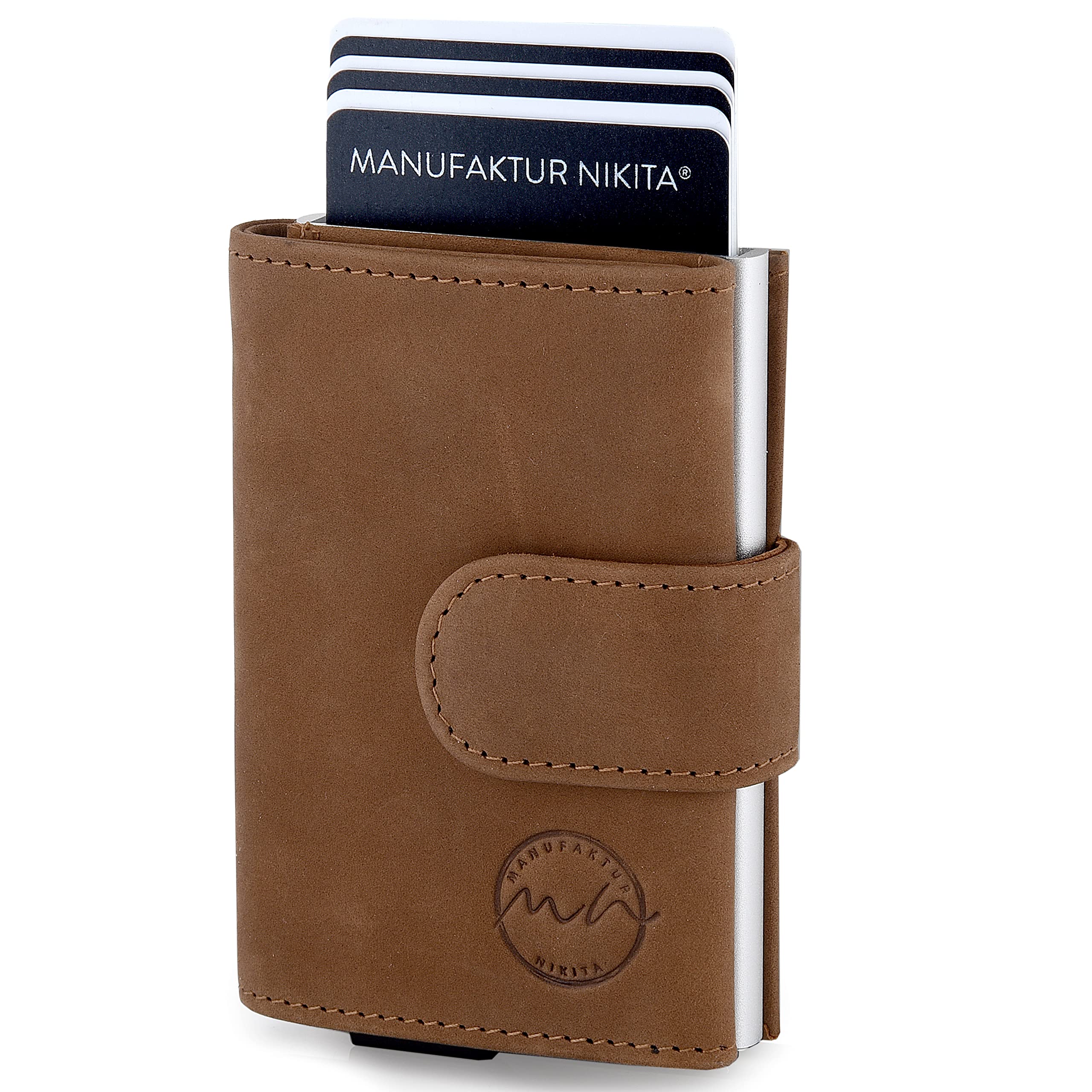 Manufaktur NikitaCredit Card Holder Genuine Leather Wallet with RFID Protection Wallet for 10 Cards for Men and Women with Beautiful Gift Box, Brown with coin pocket, S, Modern