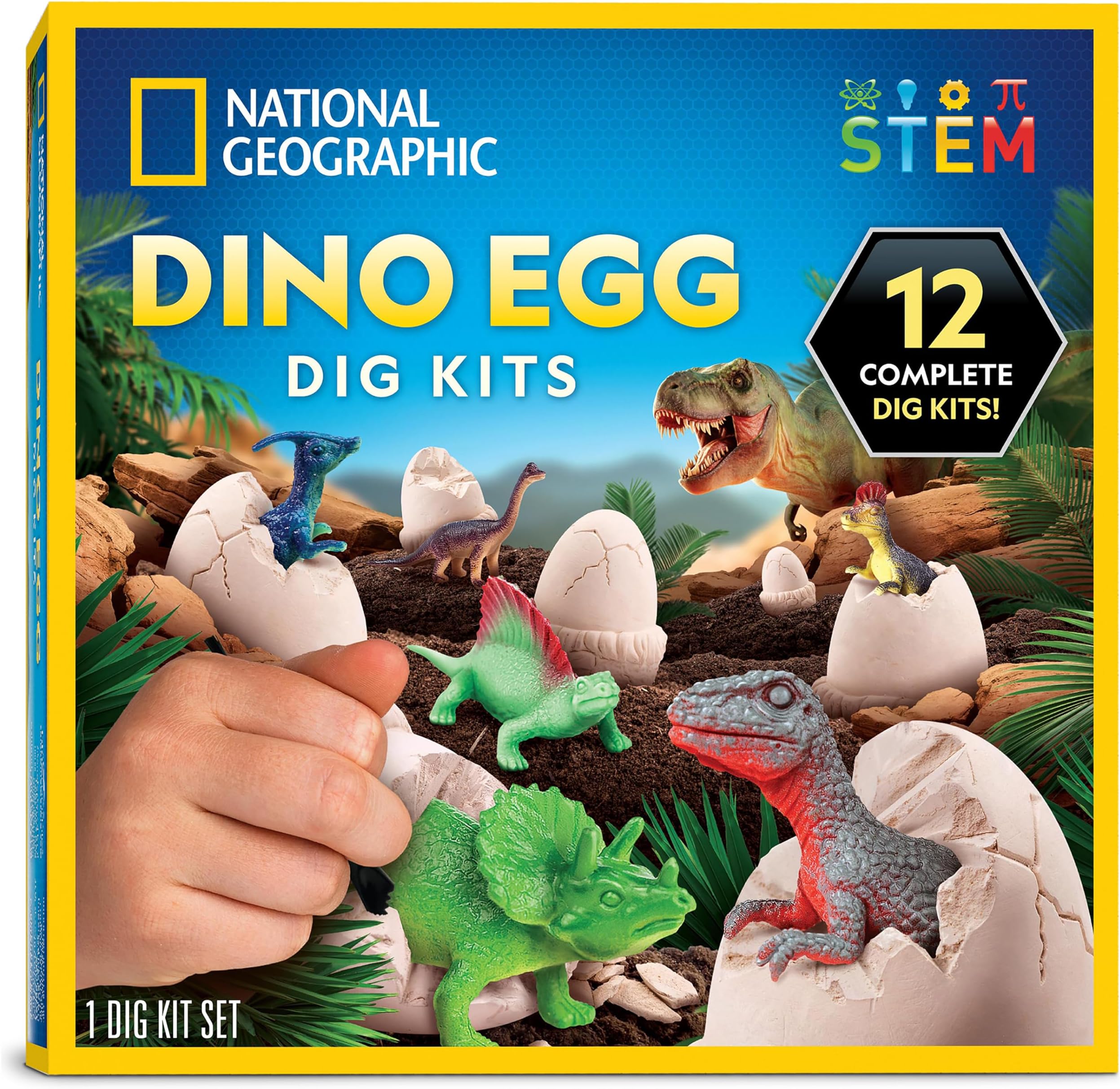 National Geographic Dinosaur Dig Kit - 12 Dino Shaped Dig Bricks with Dinosaur Figures Inside & Excavation Tool Sets, Egg Hunt or Dig Party Activity, Great STEM Toy for Boys & Girls
