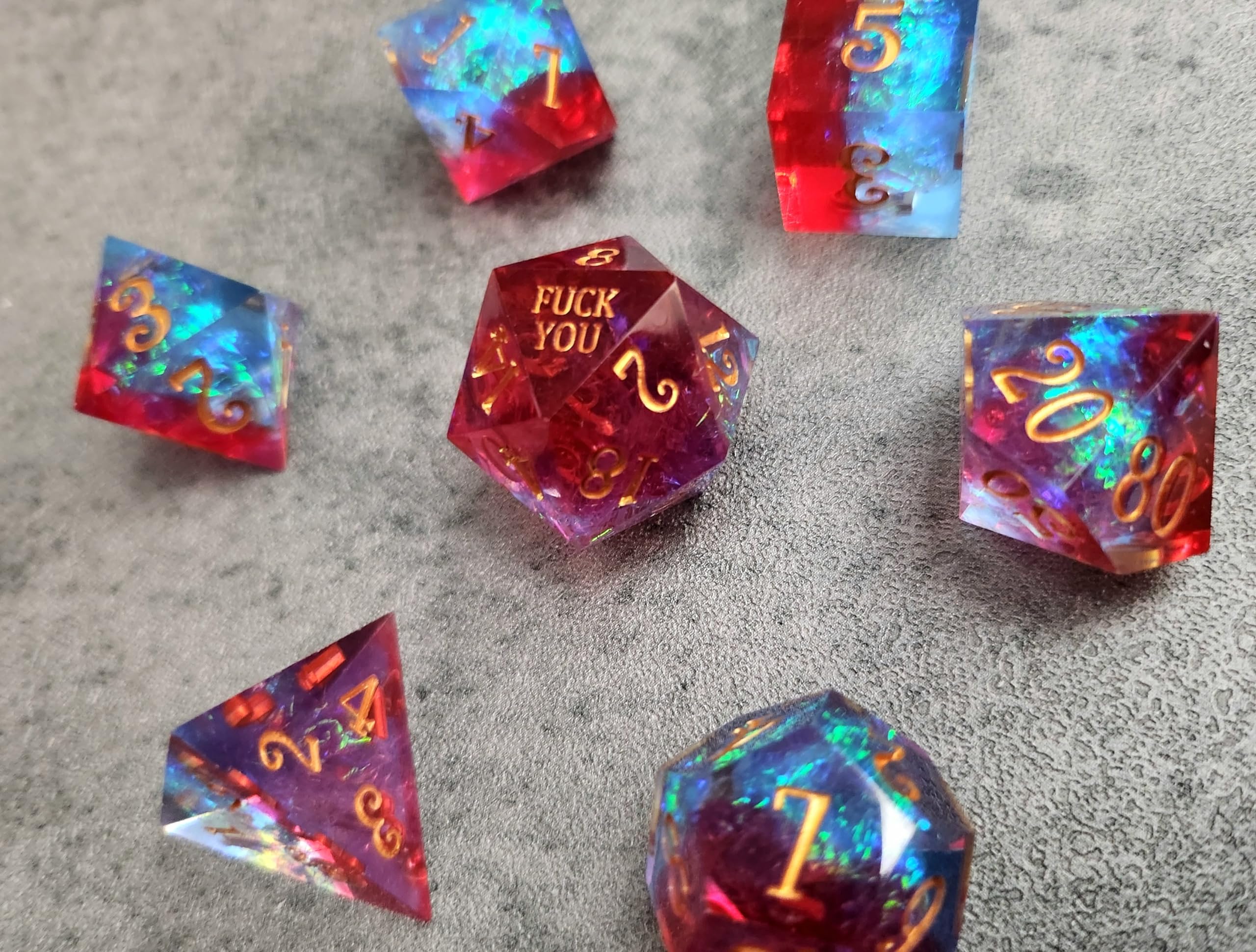 Sharp Edge F Words Crystal Polyhedral 7 Dice Set for Dungeons & Dragons, DND, D&D, Tabletop RPG, Red