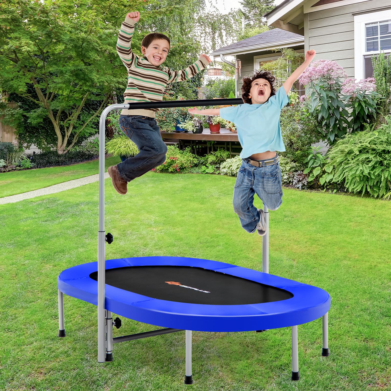 KOMFOTTEU - Trampolín doble de ocio para niños, 154 x 90 cm (largo x ancho), trampolín de fitness plegable, mango ajustable, rebotador ovalado para niños y adultos, carga máxima de 150 kg