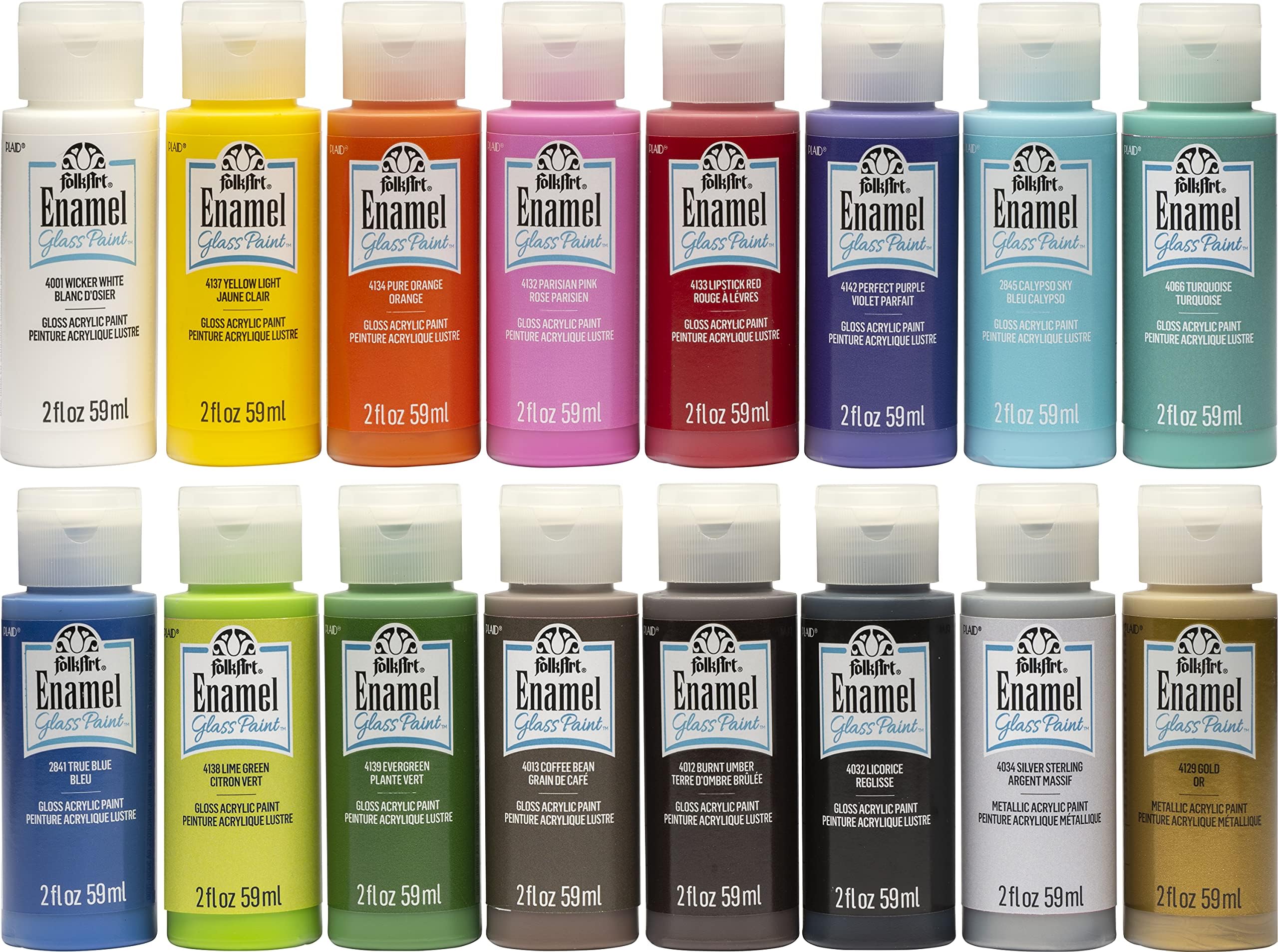 Folkart Gloss Finish Acrylic Enamel Craft Set Designed For Beginners And Artists, Non-Toxic Formula Perfect For Glass And Ceramic Painting, Sixteen 2 Oz Bottles, 32 Ounce
