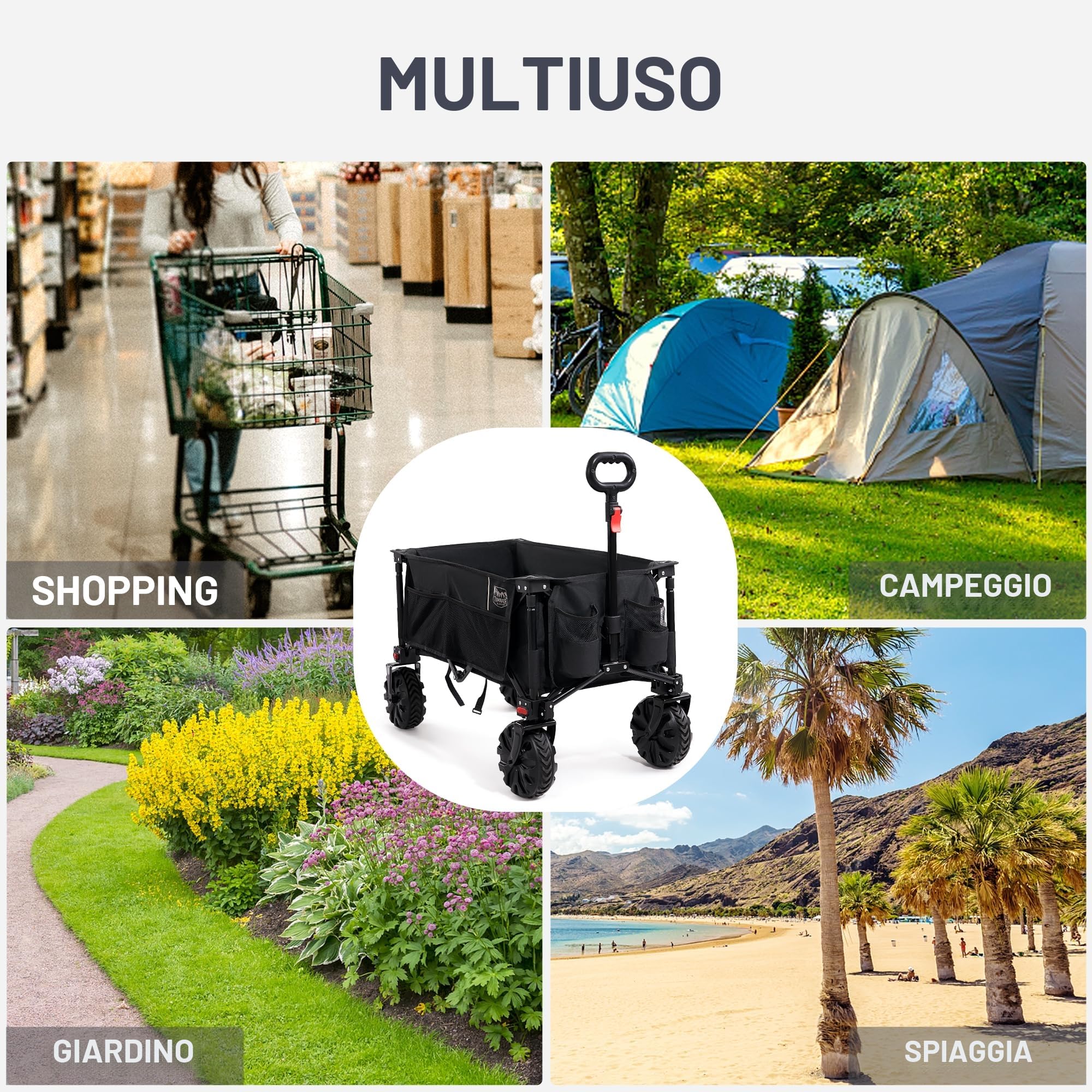 TIMBER RIDGE Carrello Spiaggia Ruote Grandi con Freno Carrello Pieghevole Trasporto Braccioli Regolabili e Tasche Laterali per Rimorchio Giardino Campeggio all'aperto Ogni Tipo di Terreno