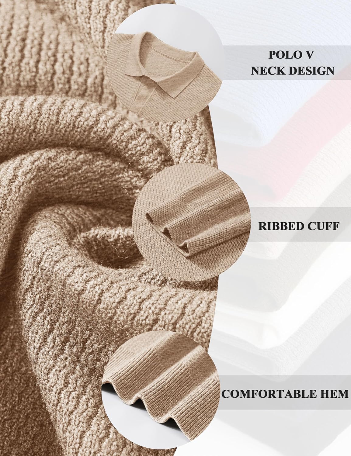 Cotrasen Mens Pullover Sweater Collared Long Sleeve Textured Casual Lightweight V Neck Ribbed Knit Polo Sweater - Image 5