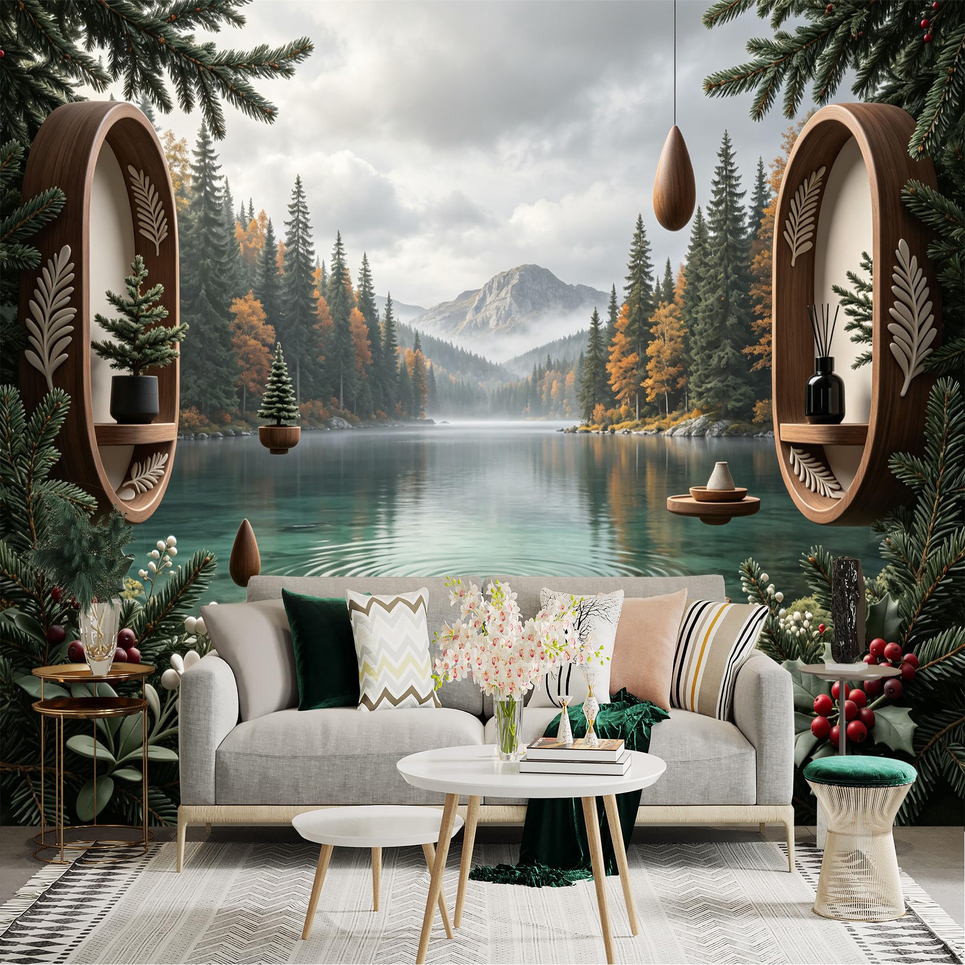 Lnzczhyre Bh260719200 Custom Size Wall Sticker Mural， Serene Lake With Autumn Forest， Misty Mountain Scenery， Peaceful Nature View， Zen Decorative Shelves， For Wall Decoration， Peelandstick Wall Decals.