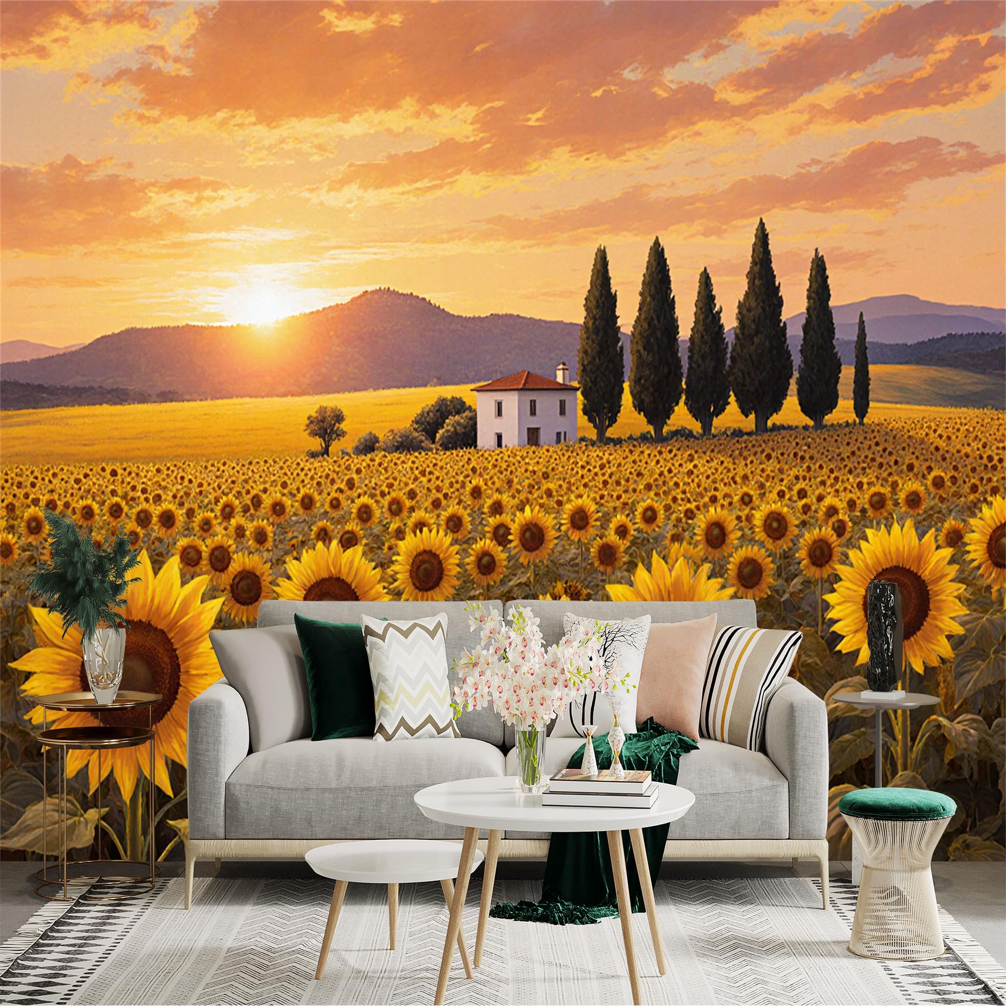 Custom Size Wall Sticker Mural， Golden Sunflower Field， Sunset Farmhouse Landscape， Tall Cypress Trees， Nature Countryside View， for wall Decoration， peelandstick wall Decals.