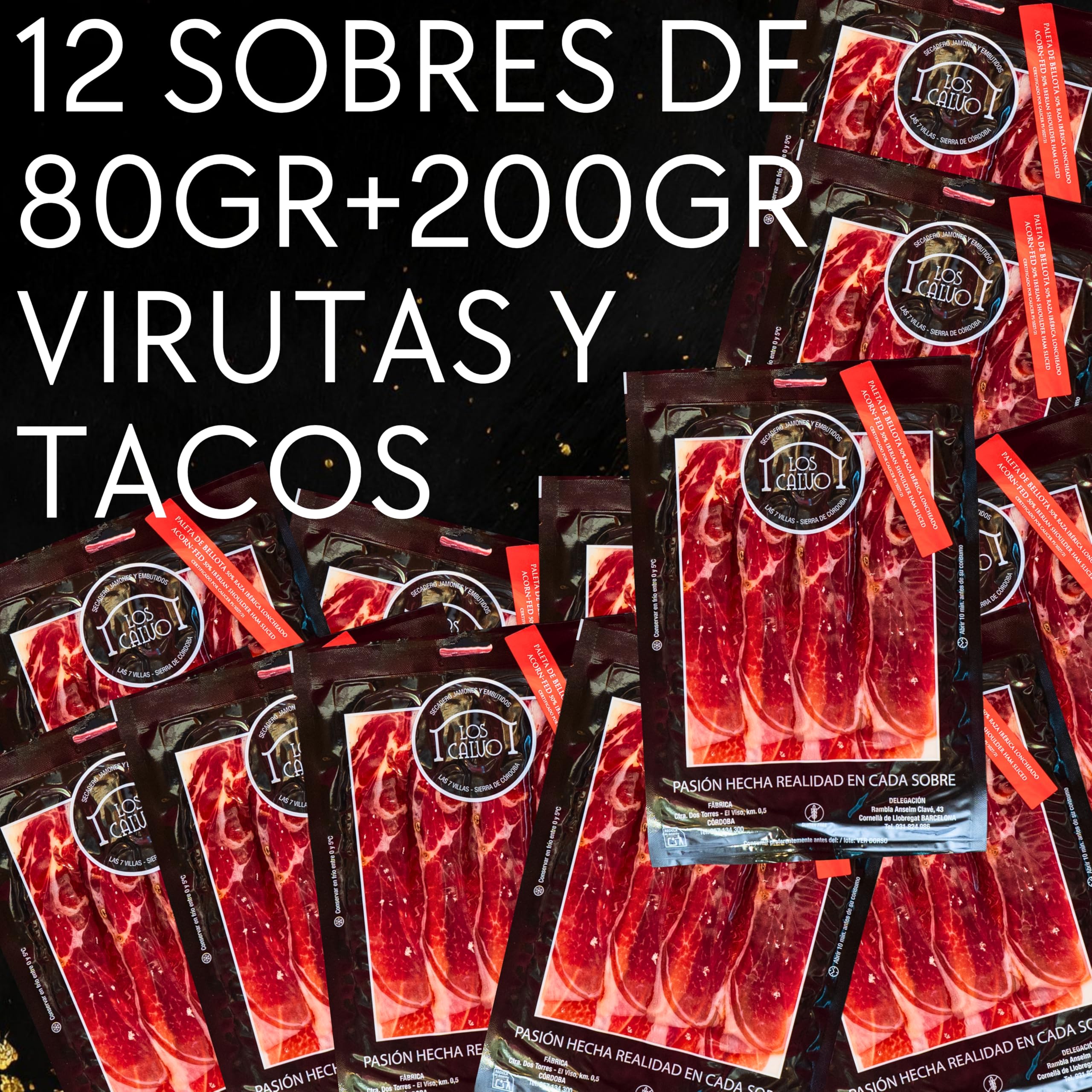 Jamon LOS CALVO Lote Loncheado Paleta Iberica Cerdo Pata Negra | Maletín Paletilla Bellota 12 Sobres 960Gr + 200Gr Virutas y Tacos del Jamón Deshuesado de Regalo Embutidos Gourmet España 50% Ibérico