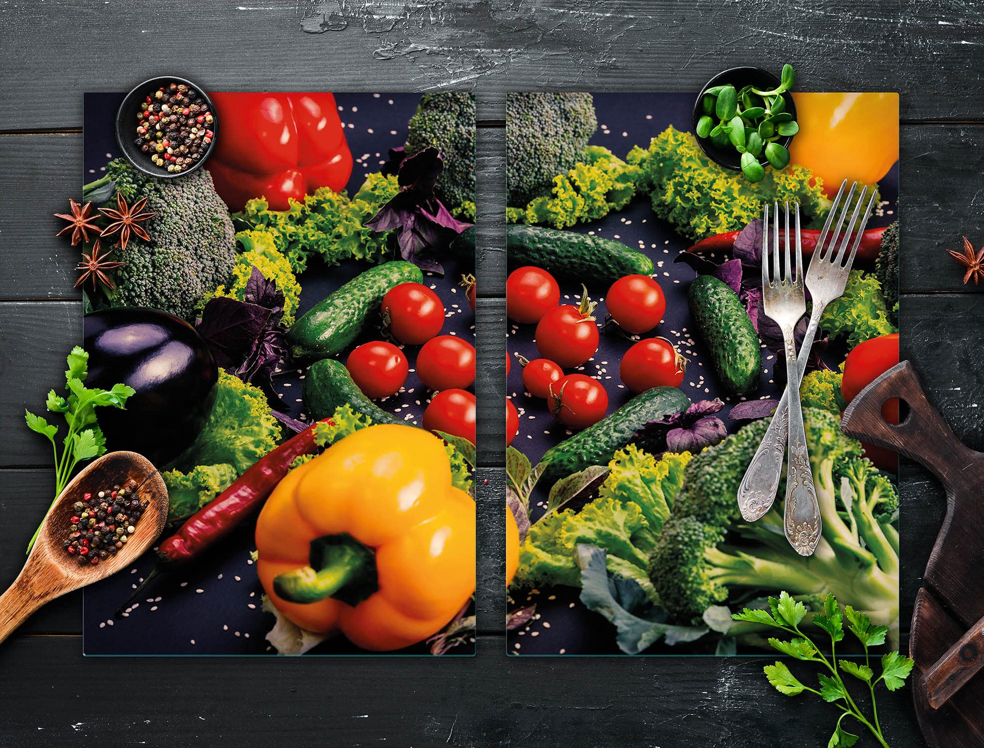 Placa protectora de vitrocerámica 2 x 35 x 52 cm 2 piezas cocina eléctrica universal para inducción protección contra salpicaduras tabla de cortar de vidrio templado, VERDURAS
