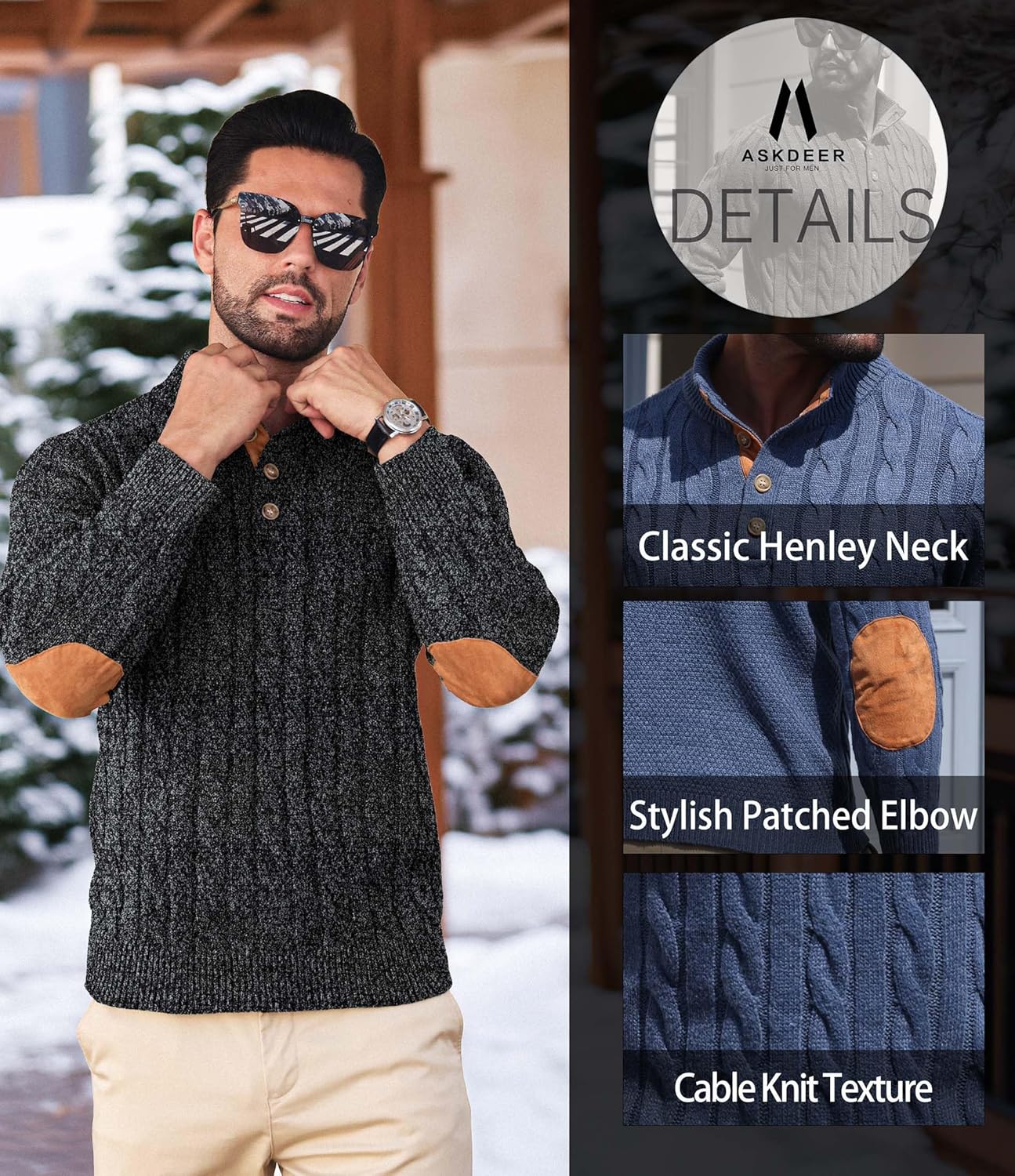 Askdeer Men's Cable Knit Pullover Sweater Stand Collar Button Classic Casual Sweaters Henley Knitted Pullover - Image 4