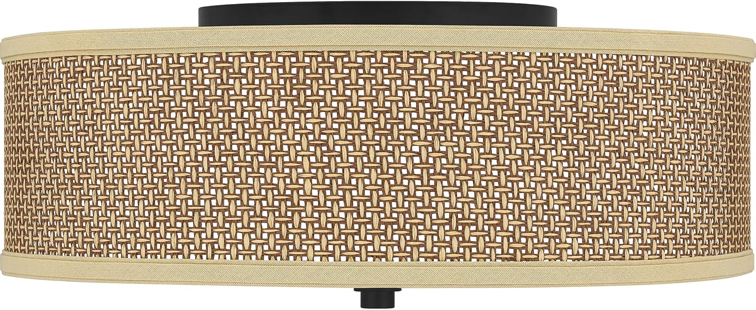Quoizel Naturals Zen 17" Boho Rattan Flush Mount, 3-Light Mystic Black Drum, Tan Oatmeal Shade, Close-to-Ceiling Fixture