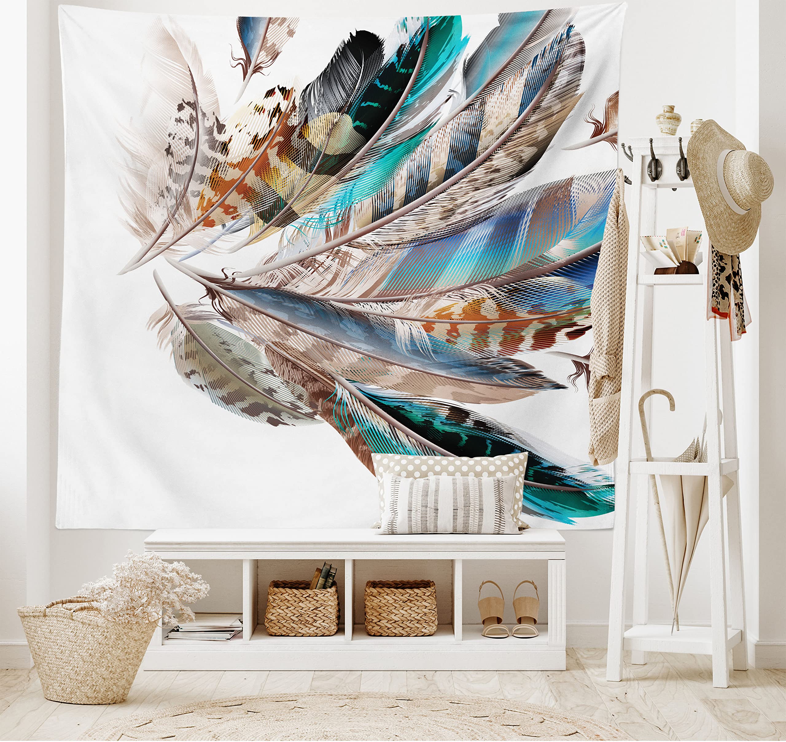 Ambesonne Feathers Tapestry, Vaned Types and Natal Contour Flight Bird Feathers and Animal Skin Element Print, Wide Wall Hanging for Bedroom Living Room Dorm, 60