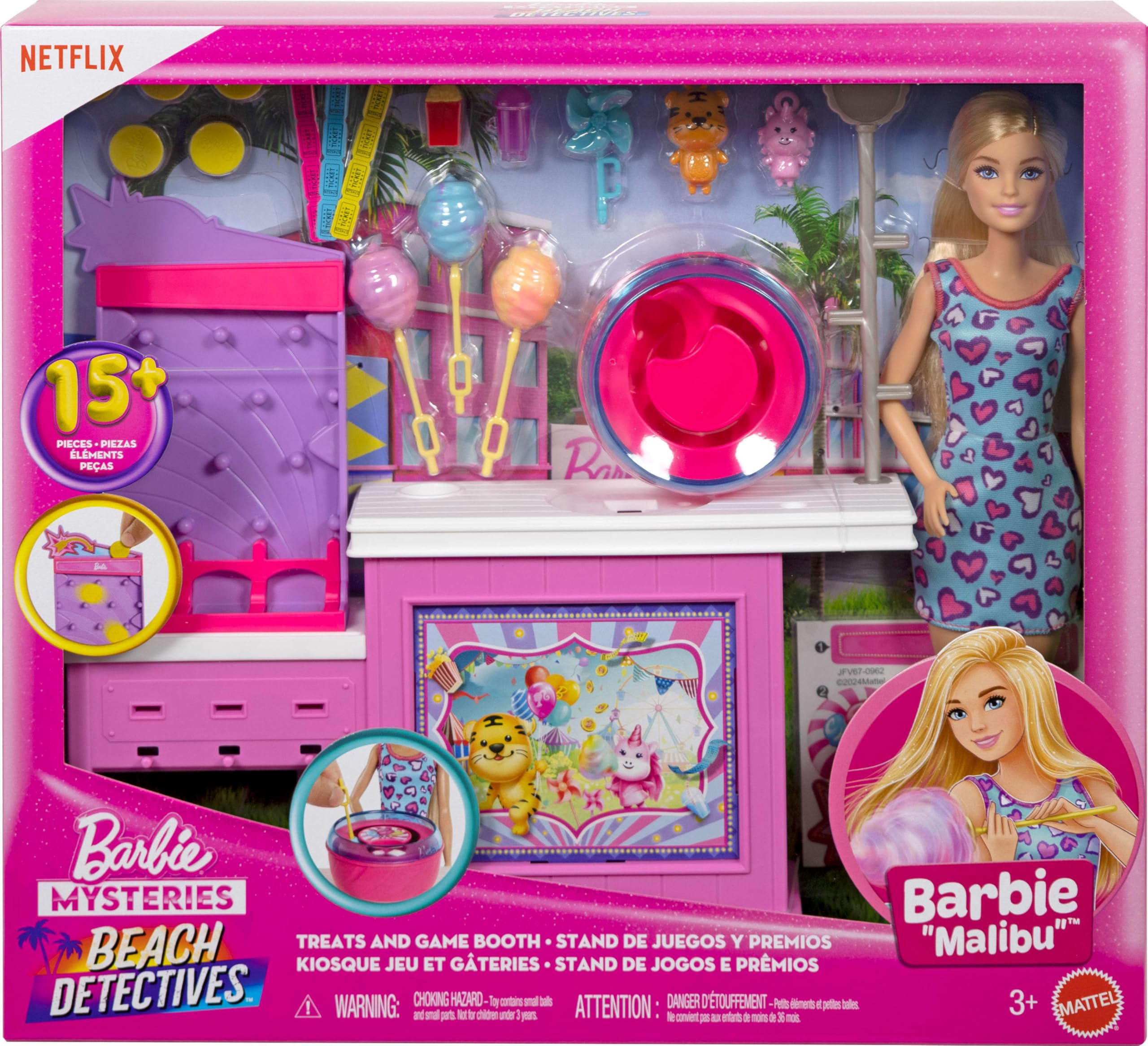 Barbie Mysteries: Beach Detectives Barbie 'Malibu' bebek, pamuk şeker makinesi, oyun kabini ve ödüller ile birlikte 20 aksesuar içeren oyun seti, JFV67