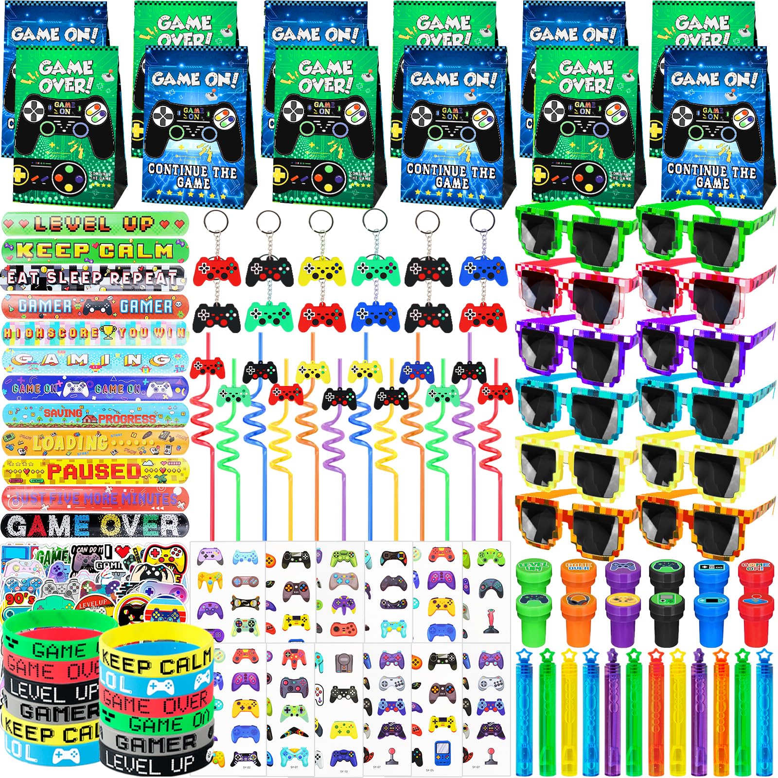 208Pcs Video Game Party Favors Kit - 12 Guest, Gamer Goodie Bag Stuffers for Kids Gaming Theme Birthday Party Decorations Supplies & Piñata Fillers