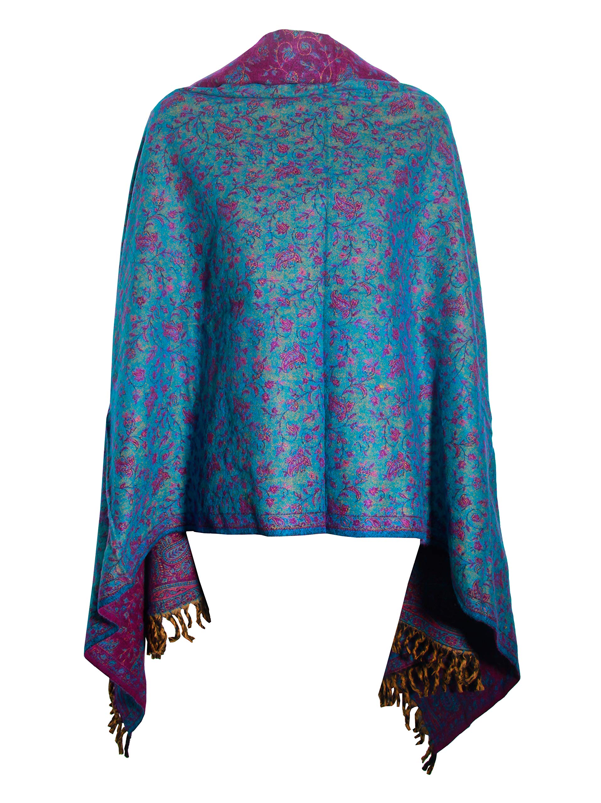 TIBET Handgefertigter luxuriöser Schal mit floralem Muster, übergroß, wendbar, aus reiner Yakwolle, Violett / Blau, violett, blau, One size
