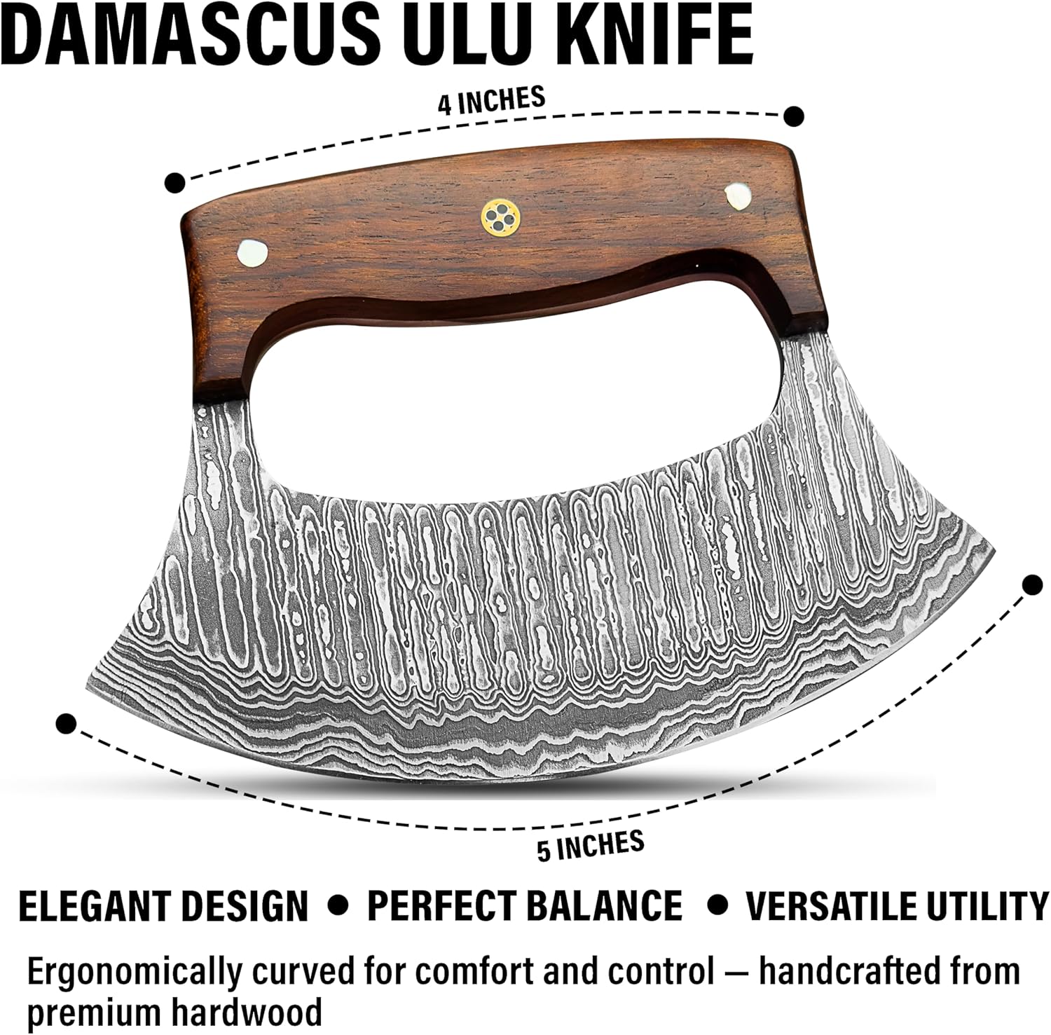 Handmade Damascus Ulu Knife – Full Tang high carbon steel Alaskan ulu with Sheath, Mezzaluna Rocker Knife & Pizza Cutter for Kitchen, Camping & BBQ, Birthday Gifts for Men