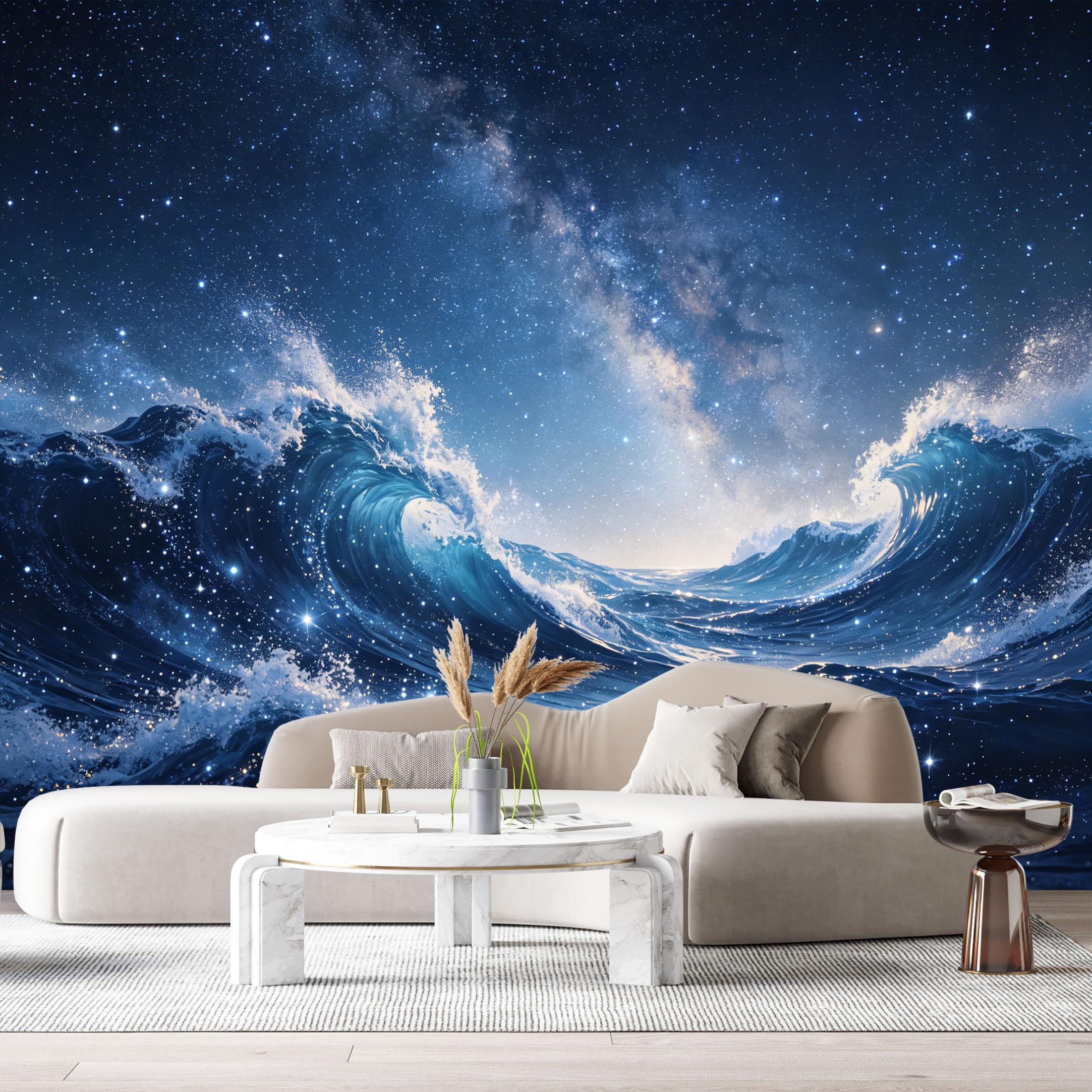 Custom Size Wall Murals Ocean Waves Starry Sky Marine Watercolor SelfAdhesive Wall Fabric Removable Large Wallpaper for Photo Living Room
