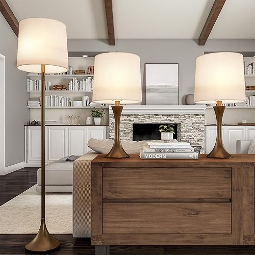 Lavish Home Lámparas de mesa y pie - Juego de 3 luces modernas de metal para sala de estar, dormitorio o entrada con base acampanada y bombillas LED