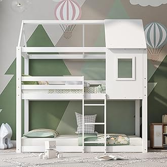 Wooden Bunk Bed for Kids Teenagers, 3ft Twin Sleeper Loft Bed with Ladder, Children Cabin Bed Double Bed Frame with Window and Roof, Solid Pine Wood House Bed, White, 190x90 cm, No Mattresses