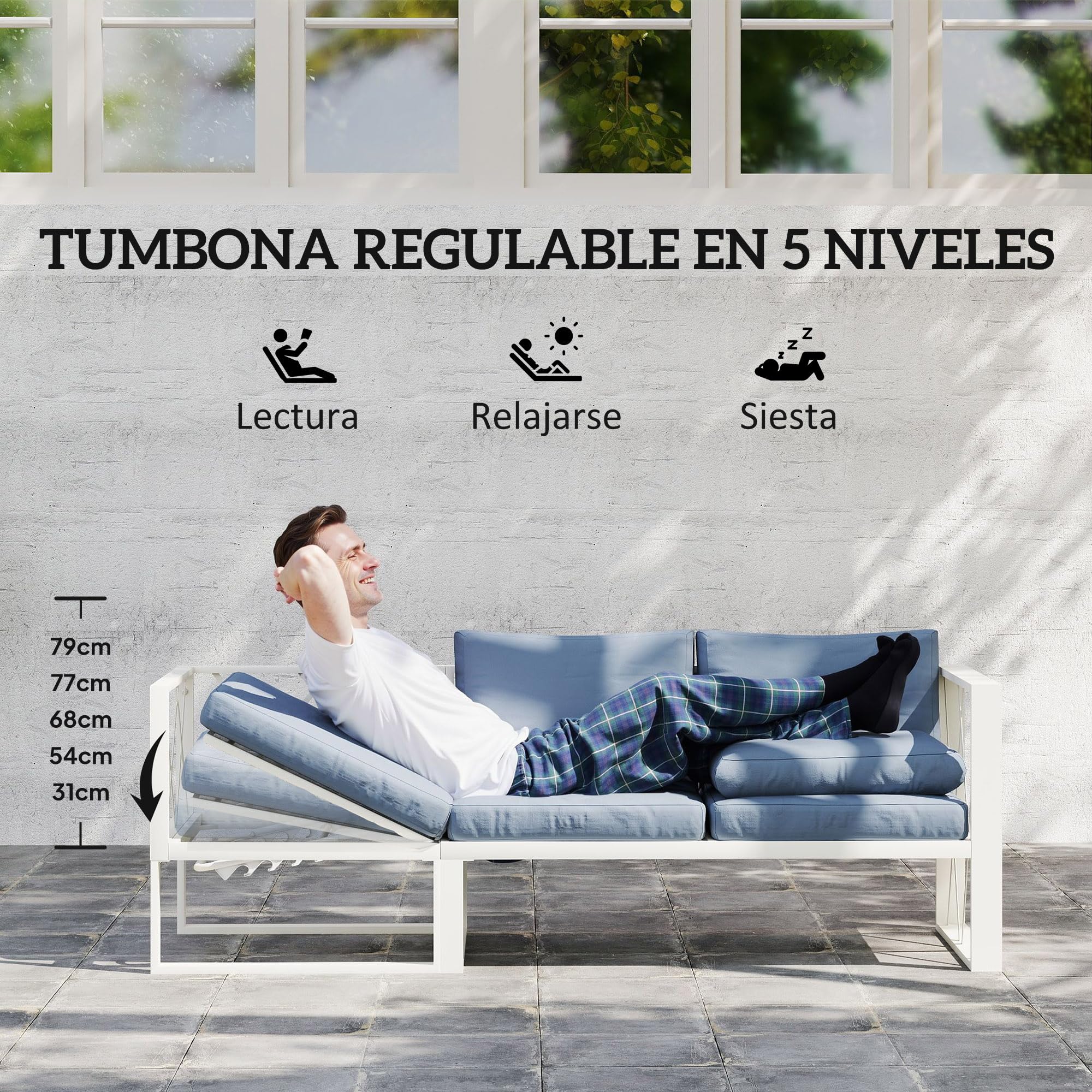 Outsunny Conjunto de Muebles Jardín Exterior de 4 Piezas Sofá Exterior Seccional Forma de L con 2 Sofás de 2 Plazas Sofá de Esquina con Asiento Ajustable y Mesa Centro de DPC con Cojines Beige y Gris