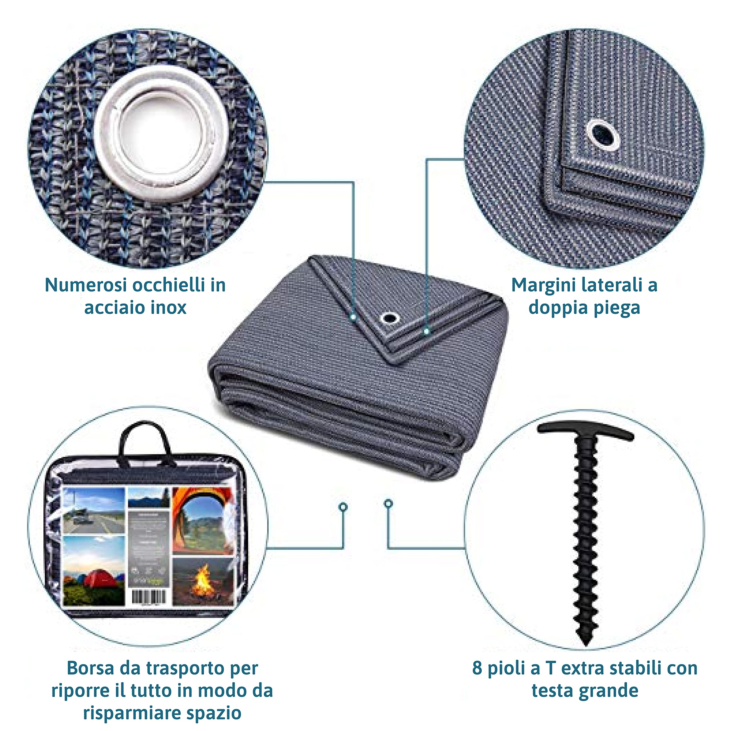 Tappeto Da Campeggio 250X500Cm - Blu/Grigio - Altamente Robusto E Lavabile (Hdpe) + Inclusi: 8 Picchetti
