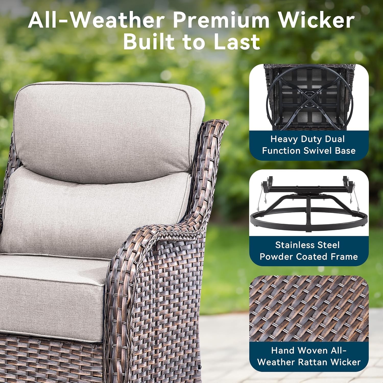 Luxury High Back Outdoor Furniture with 6-Inch Thick Cushions, Patio Furniture Set with Swivel Chairs, 8 PCS Wicker Conversation Set for Porch, Balcony, Deck and Yard