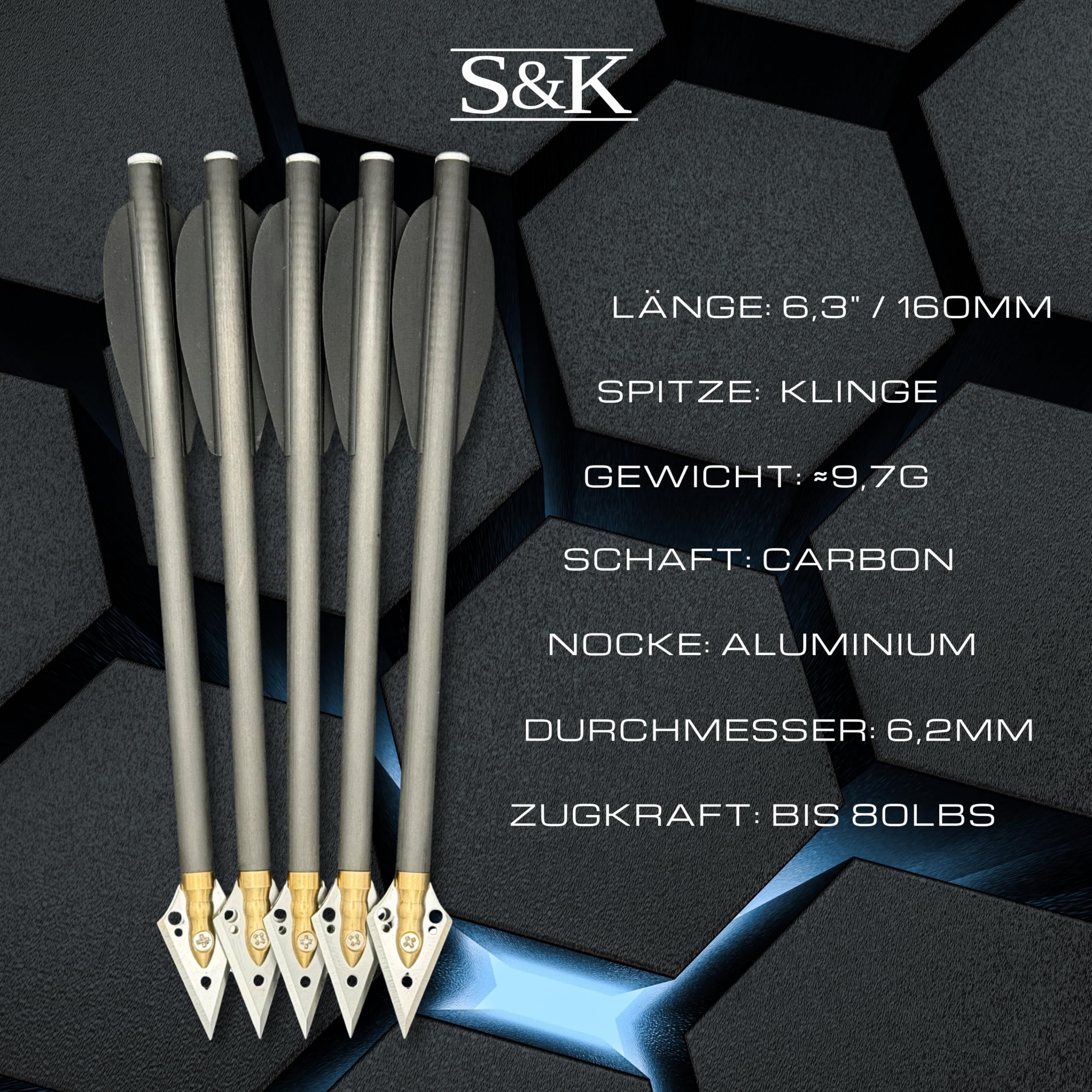 S&K - 5X Carbon Jagdbolzen 6,3" für Pistolenarmbrust – Kompatibel mit Steambow Stinger, EK Archery Vlad & Cobra, Mey Interceptor UVM. – Hochpräzise Armbrustpfeile mit Jagdspitzen & schwarzen Vanes