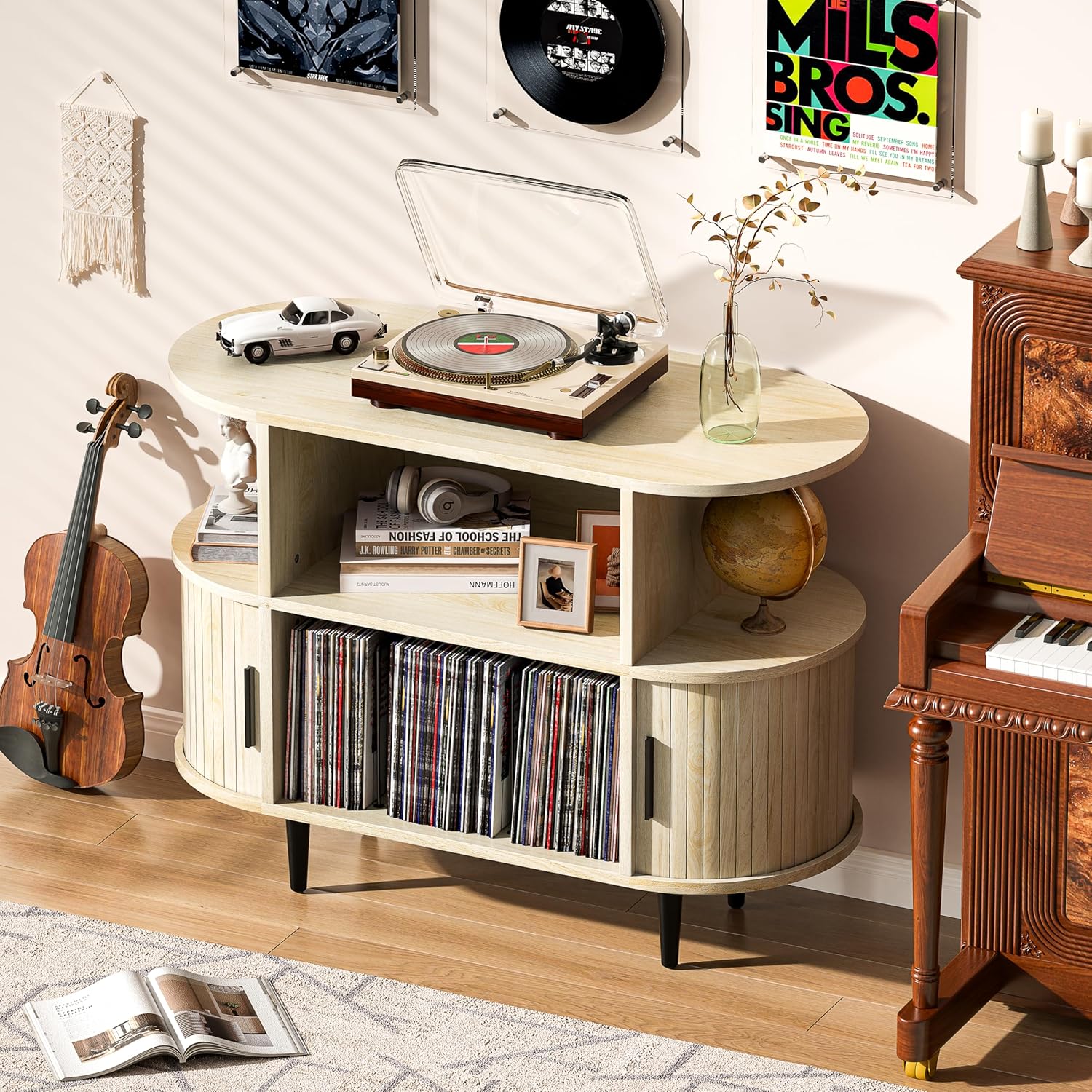 Large Record Player Stand with Storage and Shelves, Mid Century Modern Record Player Cabinet with Doors, Vinyl Record Player Table Holds 150+ Records for Living Room Bedroom (Nature)