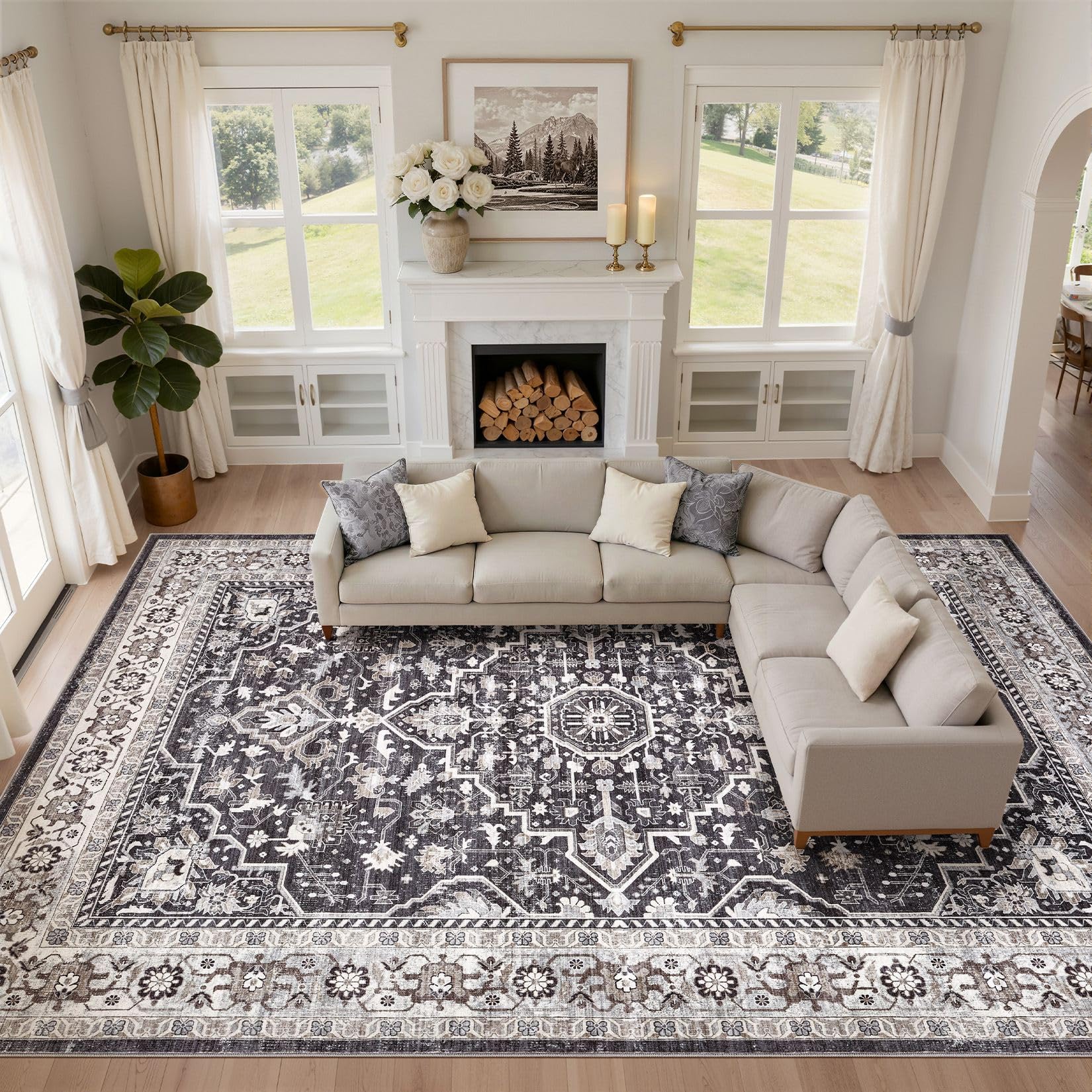 LOONGRUG 10x12 Area Rug Washable Vintage Boho Living Room Soft Rug Black