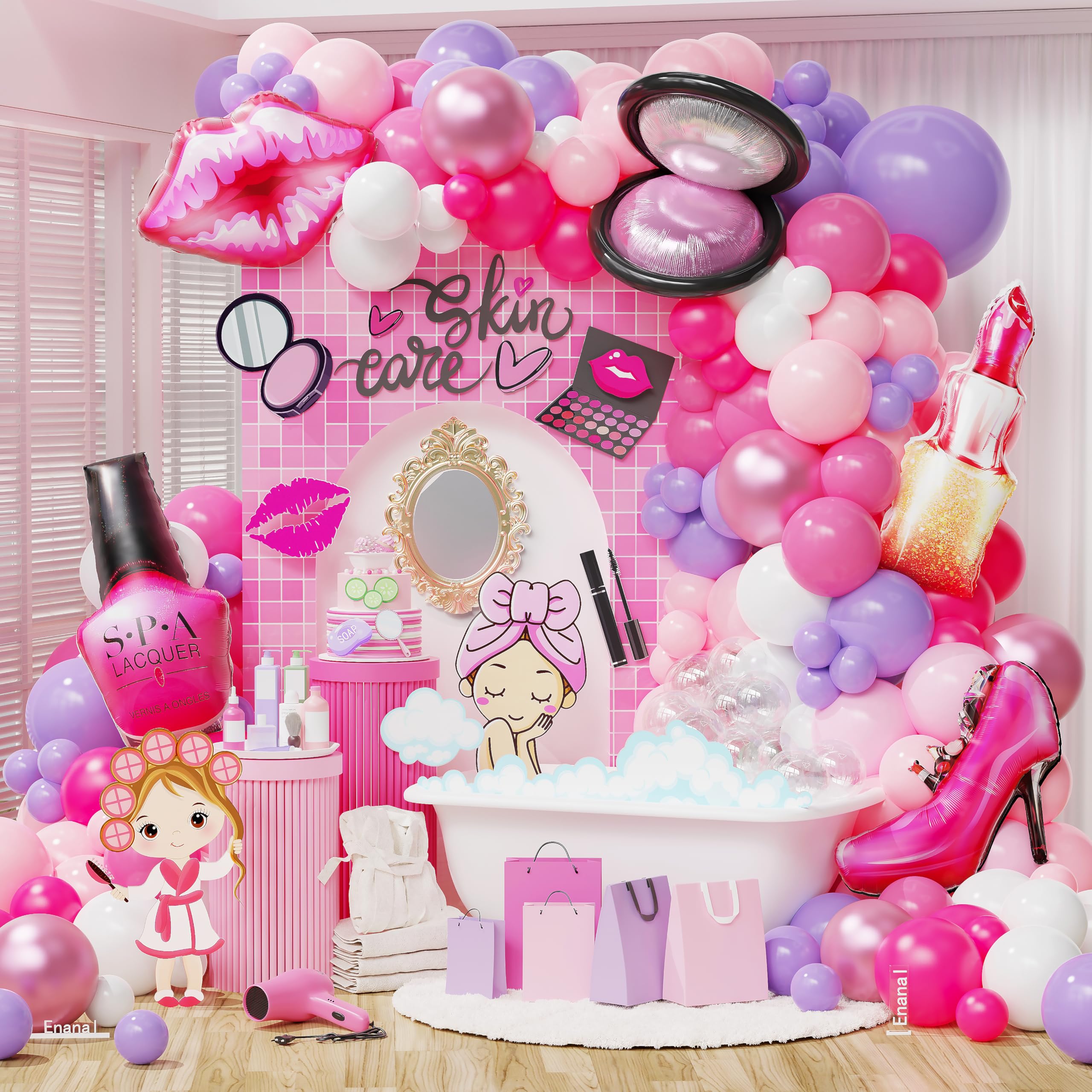 Photo 1 of ***MISSING PIECES***Enanal Make-up Birthday Party Decorations, 163pcs Hot Pink/Purple/White Latex Balloons with Lipstick/Nail Polish/High-heel/Blusher Shaped Balloons for Girls Spa Party Supplies
