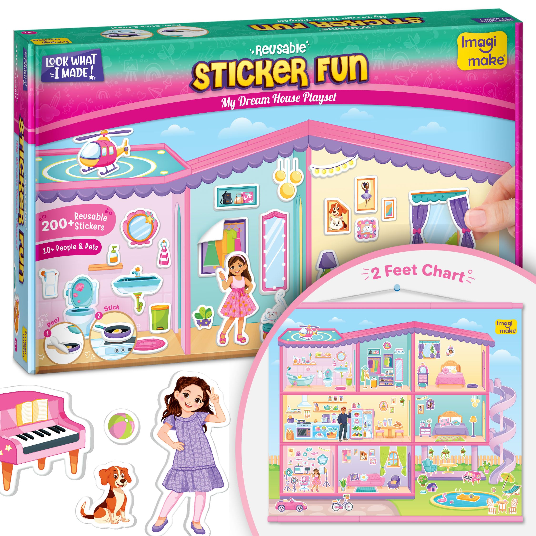 Imagimake Reusable Sticker Fun My Dream House Playset | 200+ Waterproof Reusable Stickers | 2 Feet Wide Dream House Scene with People & Pets | Mess-Free Pretend Play Activity-picture-11