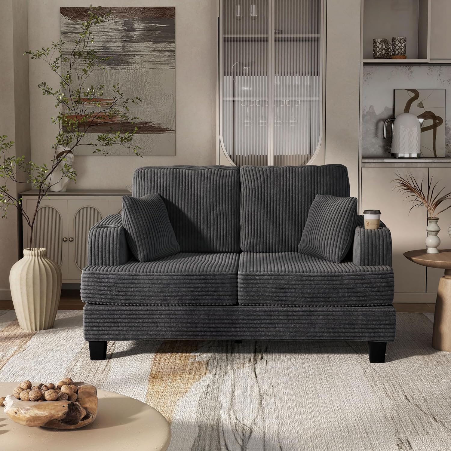 Homes: Inside + Out Reese Modern Plush Chenille Comfortable Loveseat with Side Pockets, Cup Holders and Pillows, Wooden Soft Couch for Living Room, Bedroom and Office, Dark Grey