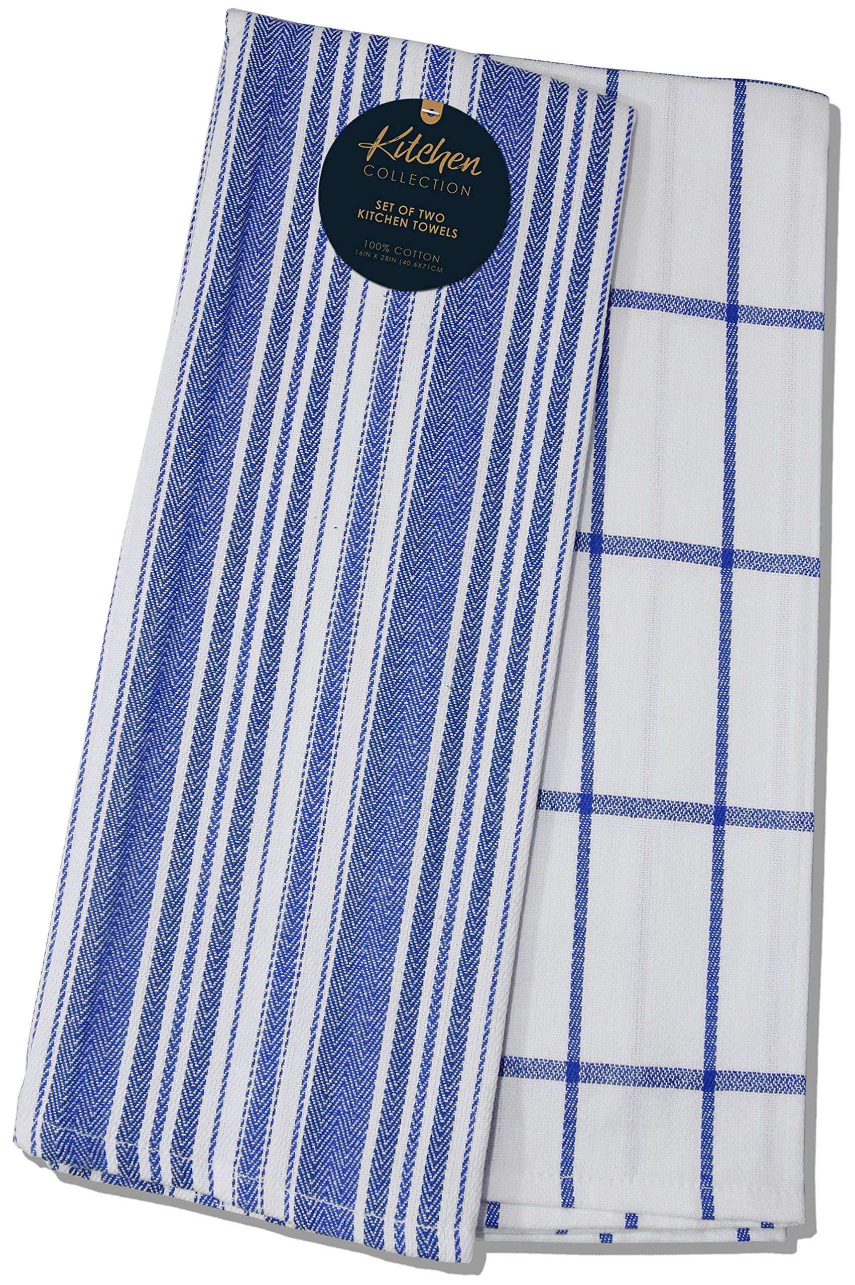 QCS Home - Vintage Herringbone Stripe Pattern and Check Weave Tea Towels Set, 100% Ring Spun Cotton, Super Absorbent and Premium Construction Kitchen Dish Cloth 50 x 76 cm (Set of 4) (Blue)