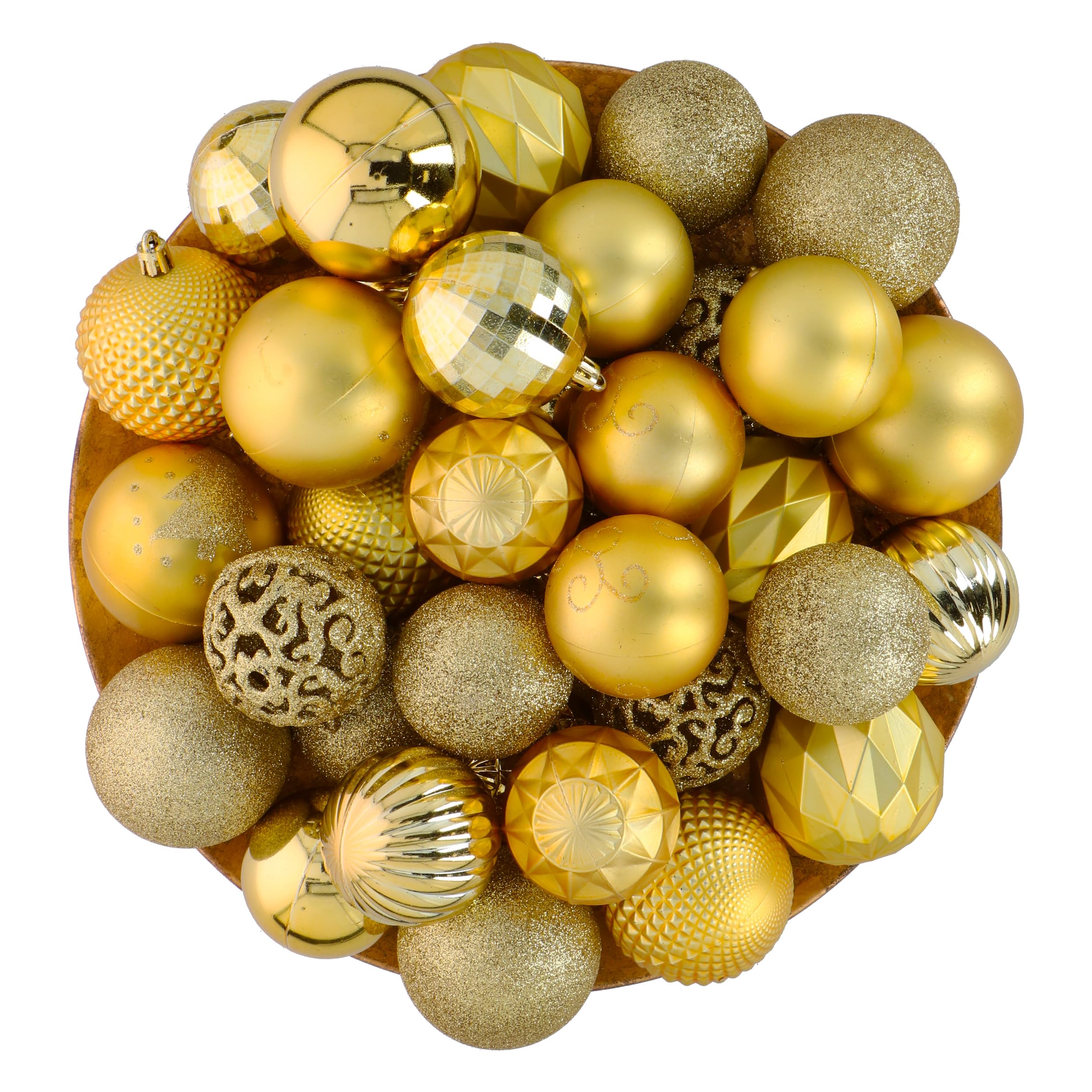 Giftsome Set de Bolas de Navidad Doradas - 60 Adornos Navidad Plástico - Incl. Pico Dorado - Decoration de Noel - para Interior y Exterior - Diseño Mate, Brillante, Purpurina y Abierto - Ø6/7 cm