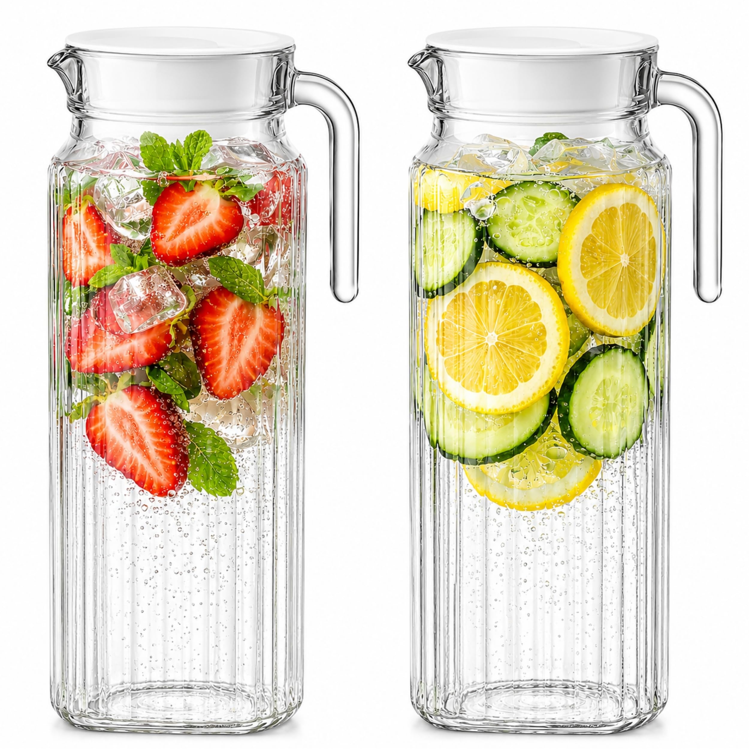 Kühlschrankkrug 1L Glas Wasserkrug mit Deckel (2er Pack) – Glaskrug Geriffeltem Glasdesign & Griff für Kühlschrankfach & den Täglichen Gebrauch mit Belüftetem Ausgus Küche, Haushalt & Wohnen