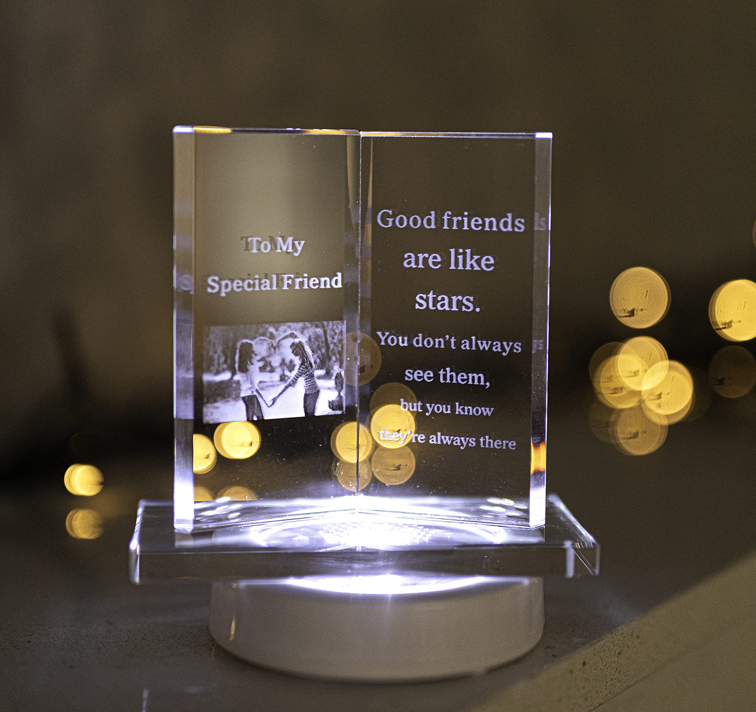 Homezone Blue ® Heavy Duty Sentimental Special Friends Engraved Glass Ornaments Led Light Deluxe Gift Box Home Decor Paperweight Plaque Friendship Gifts Birthday Desk Ornament