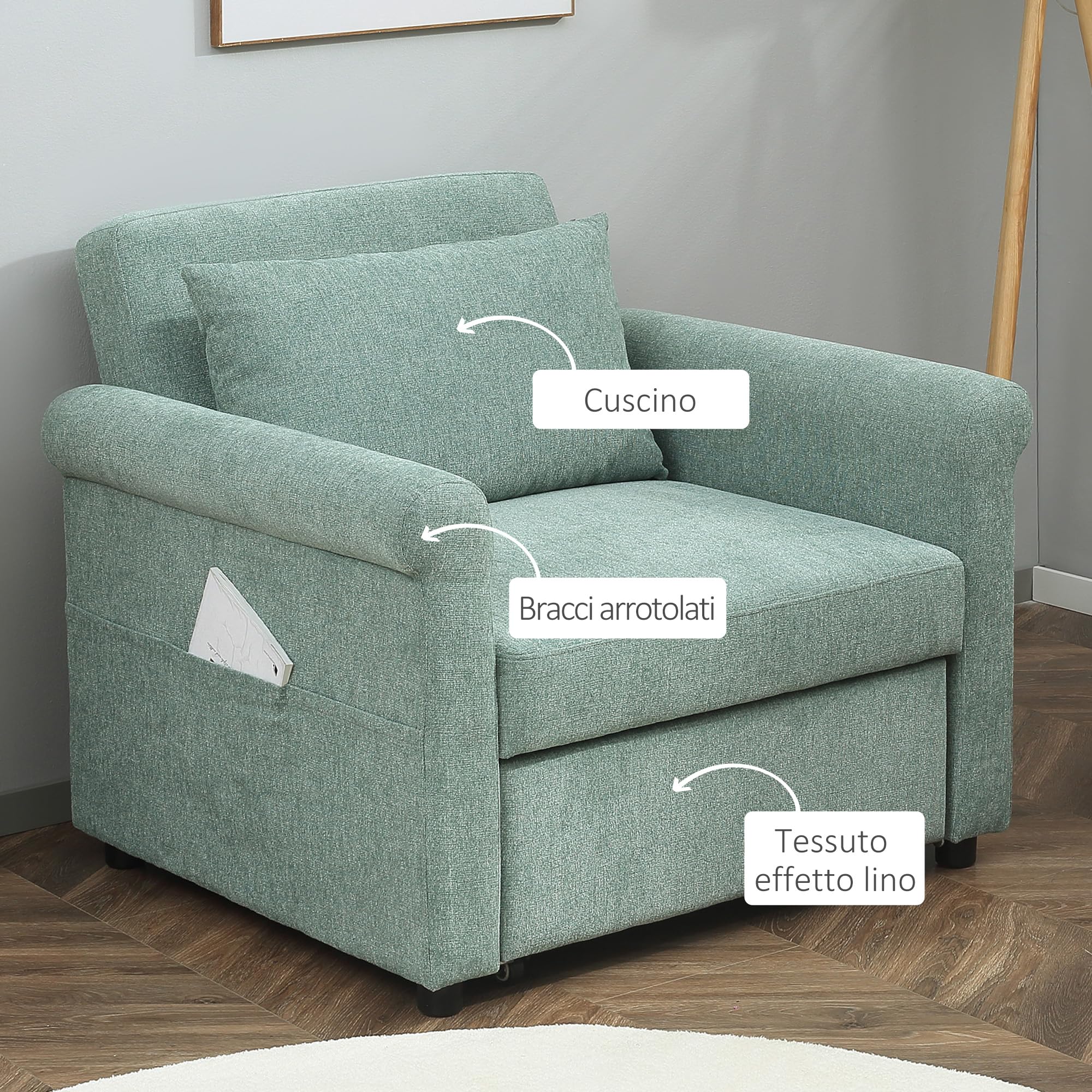 HOMCOM Poltrona Letto Singolo con Schienale Regolabile in 4 Posizioni, Tessuto Traspirante Effetto Lino e Seduta Imbottita, 96x84.5x87.5 cm, Verde