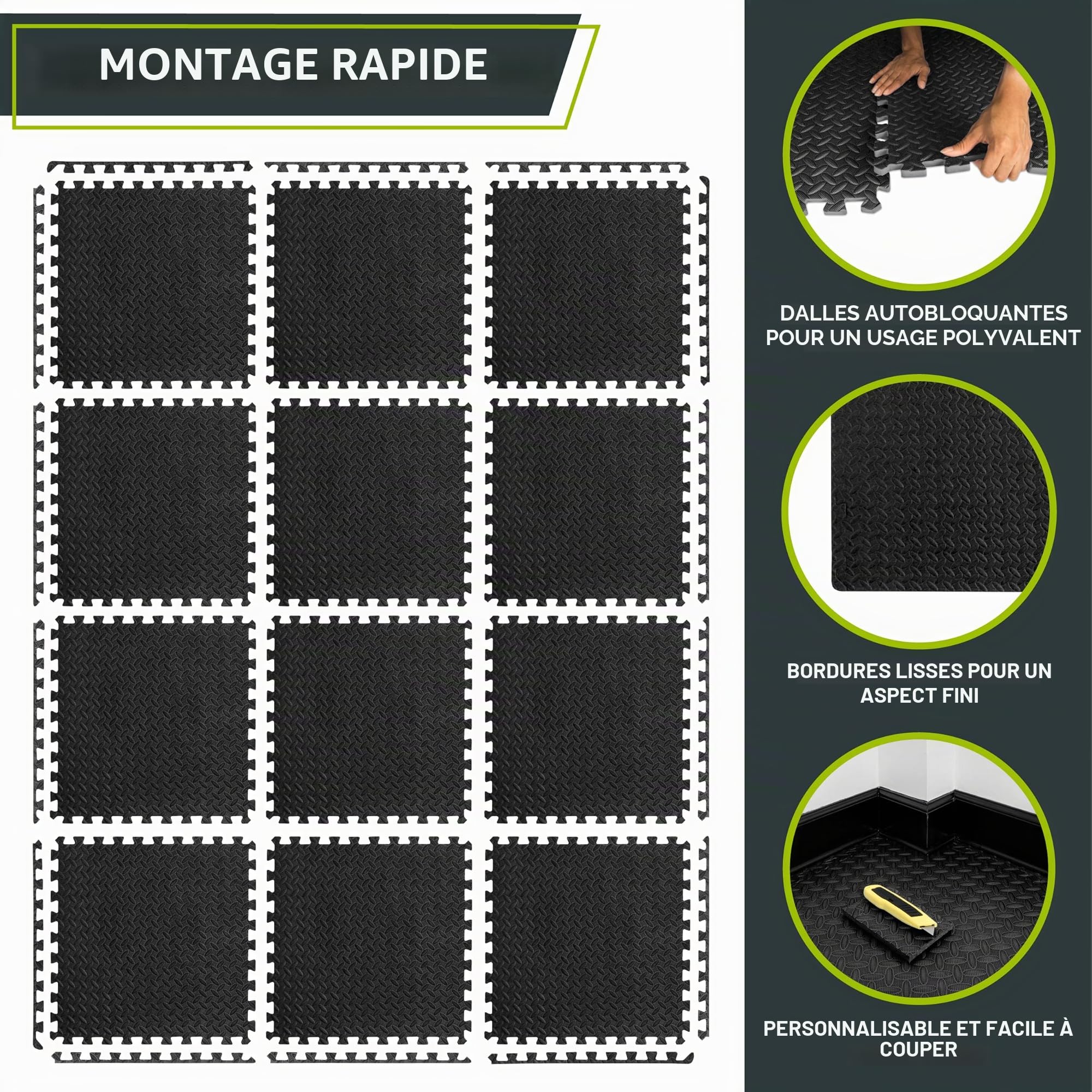 ProsourceFit Puzzle Exercise Mat ½ in, EVA Interlocking Foam Floor Tiles for Home Gym, Mat for Home Workout Equipment, Floor Padding for Kids, Black, 24 in x 24 in x ½ in, 48 Sq Ft - 12 Tiles
