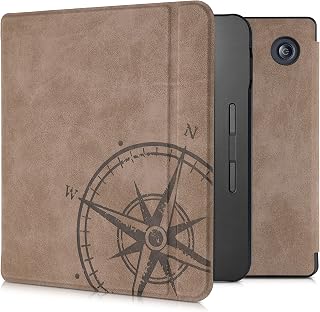 kwmobile Case Compatible with Kobo Libra H2O - Faux Suede Cover - Navigational Compass Brown