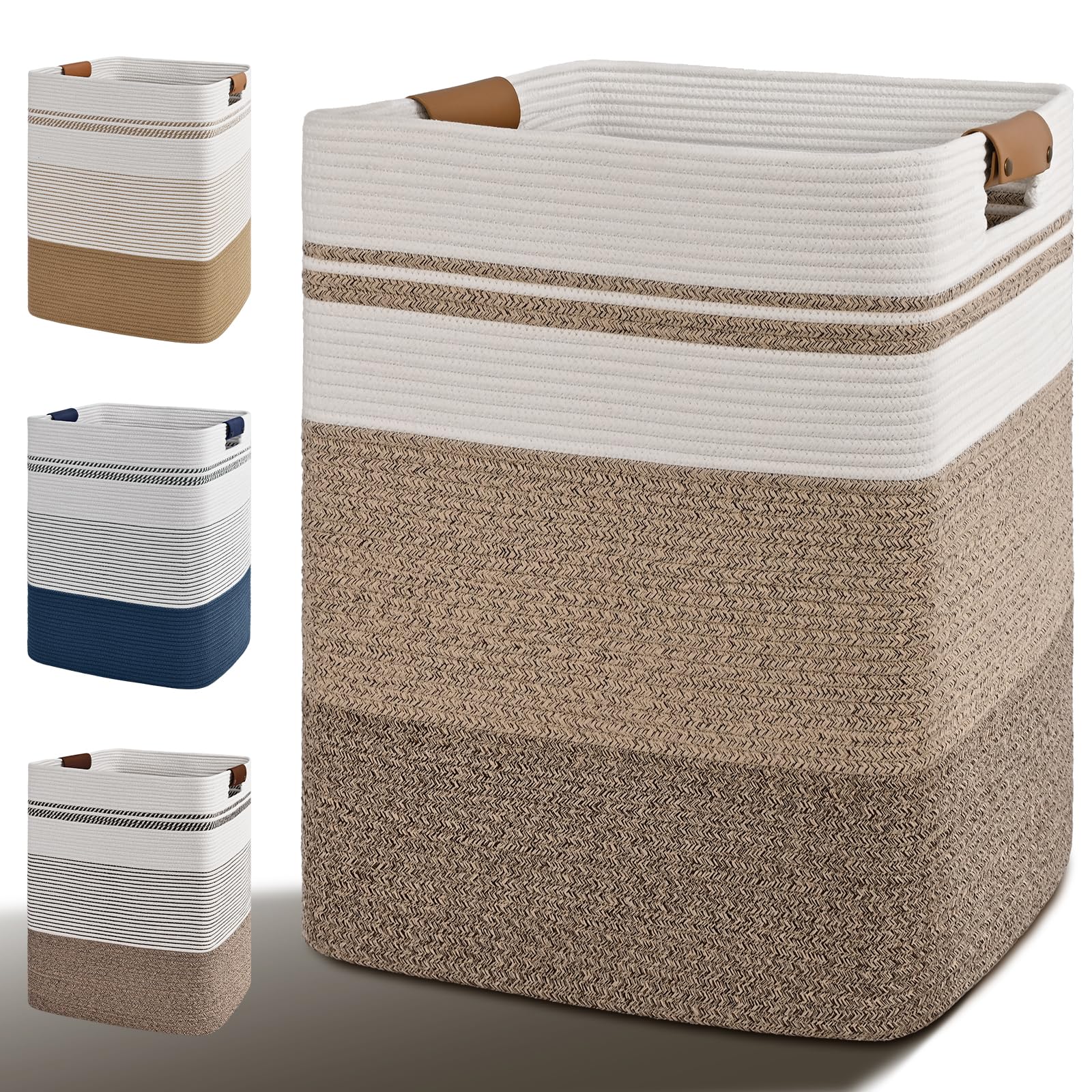 Laundry Hamper, 75L Tall Laundry Basket with Leather Handles, Rectangle Large Clothes Hamper for Organizing, Cotton Woven Laundry Baskets Storage Hampers for Bedroom, Nursery, Living Room