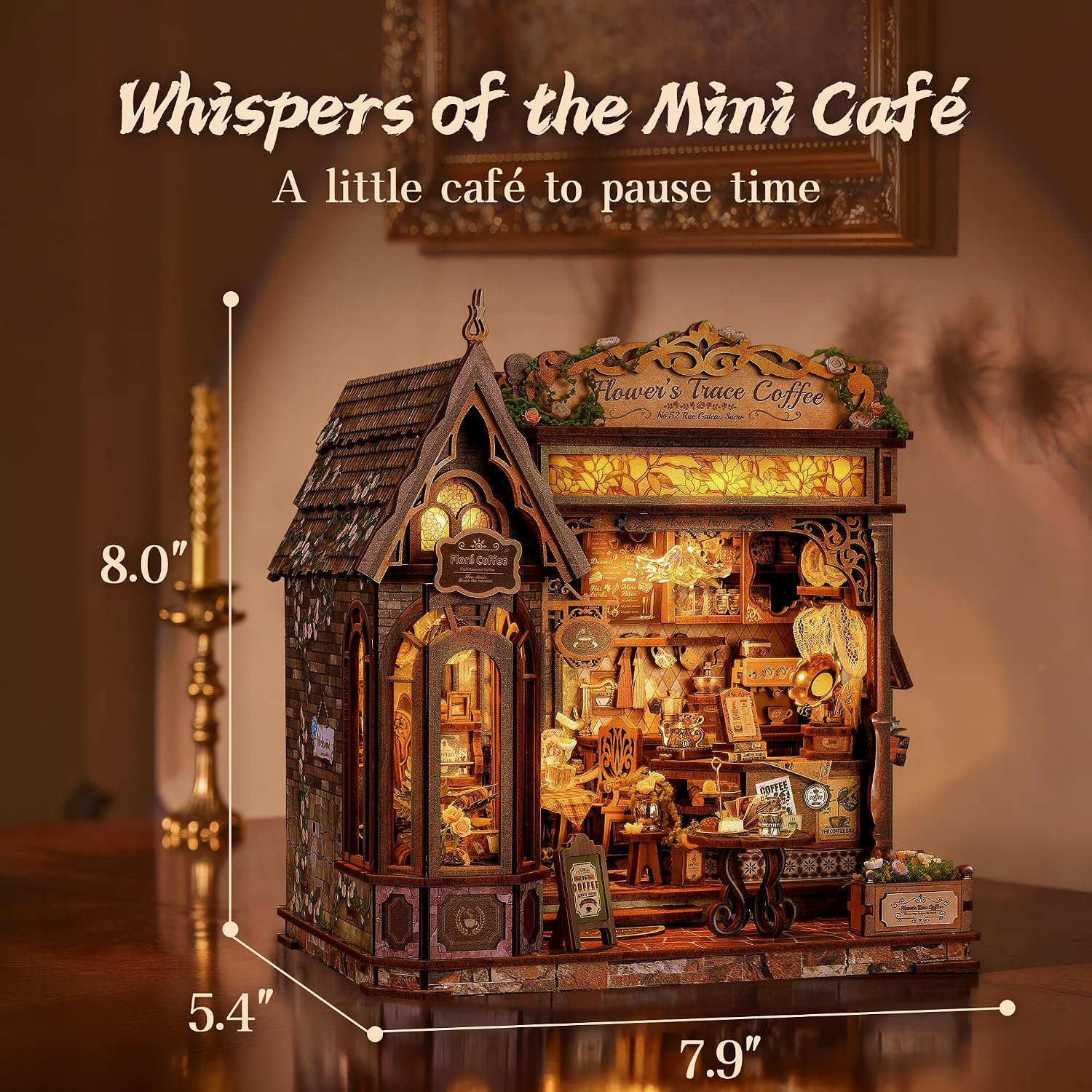 FUNPOLA Floral Mark Café DIY Miniature Dollhouse, 3D Wooden Puzzle Coffee Shop Model with Warm LED Light, Cozy Home Décor Gift for Adults