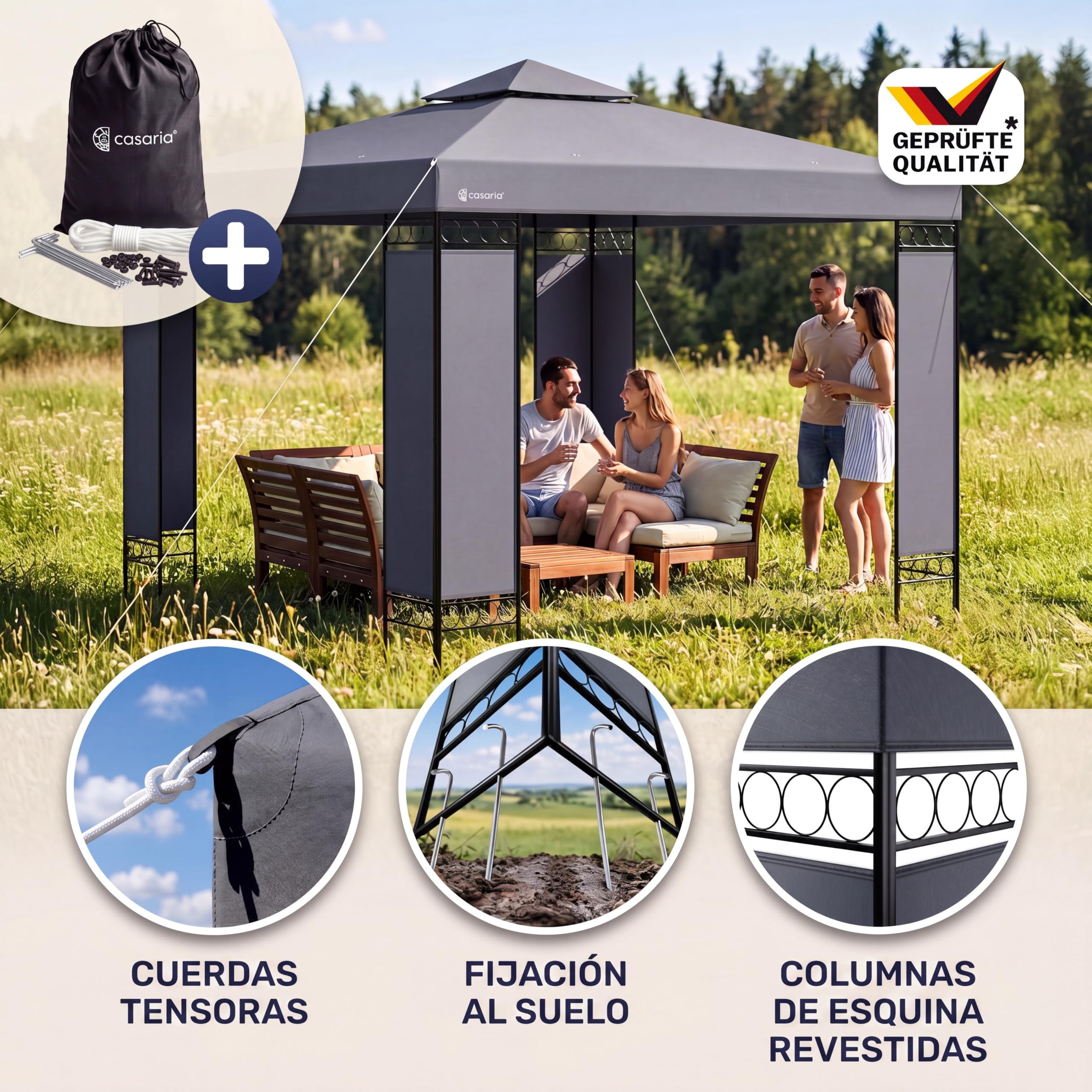 Casaria Cenador Lorca Jardín 3x3m Pabellón Pérgola Carpa Protec. UV 50+ Repele Agua Doble Techo