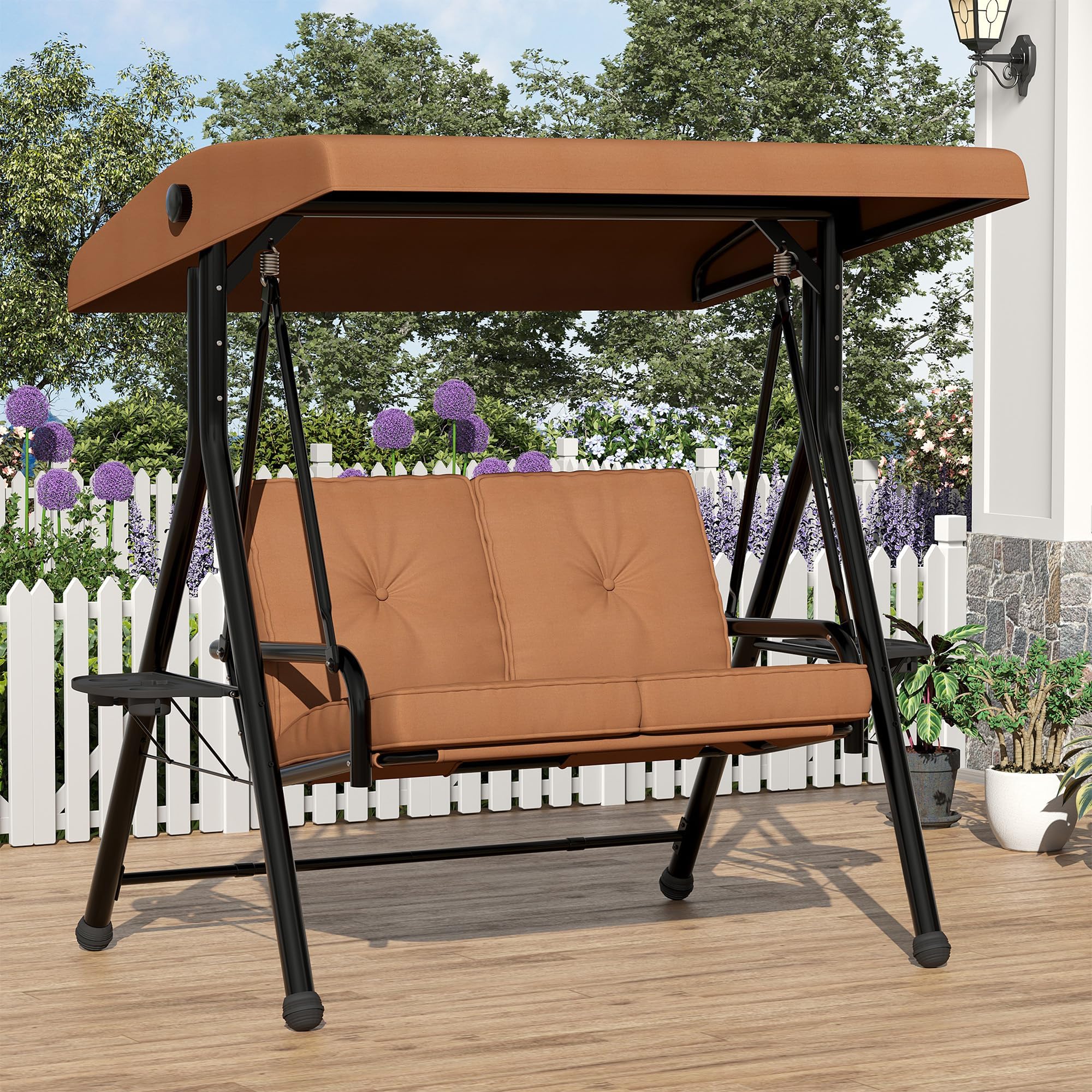 Garvee Hollywood Swing a 2 Posti Tettuccio Parasole Regolabile Struttura Portante Altalena Giardino Cuscino Rimovibile Portabicchieri Tavolo Pieghevole Idrorepellente Patio, Giardino Fino a 280 kg